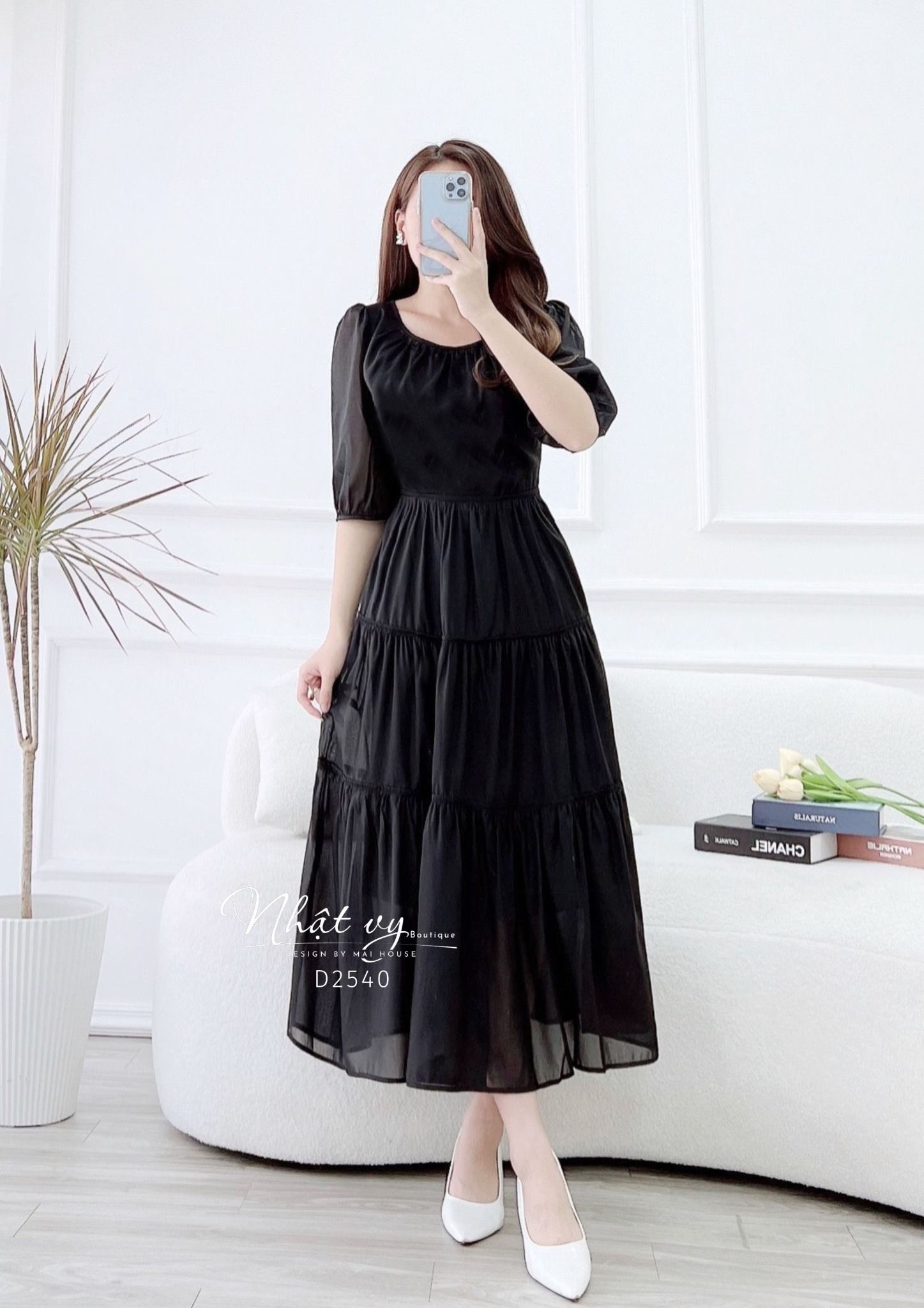Đầm tầng nhún ngực cổ tròn thắt nơ lưng - D2540