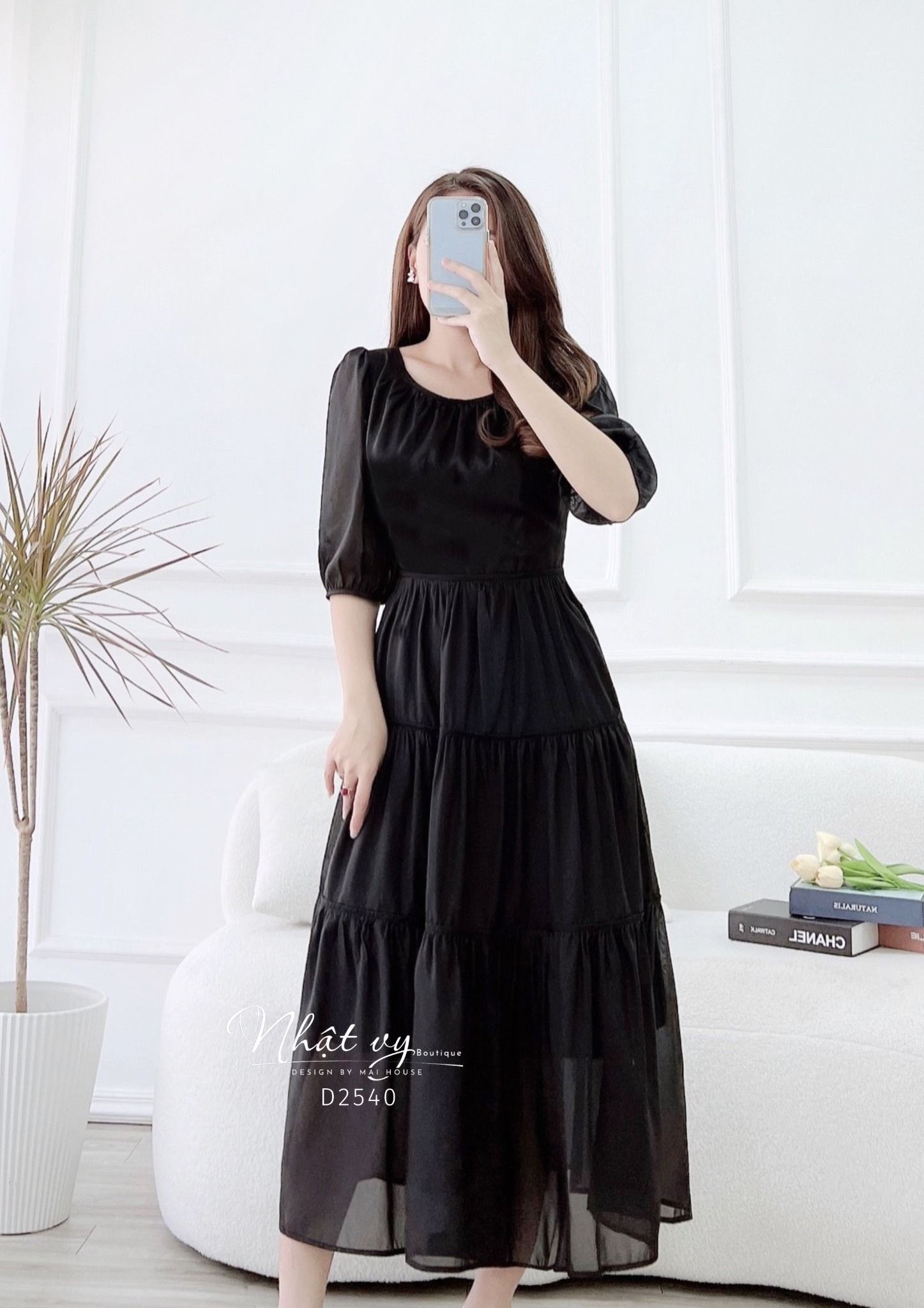 Đầm tầng nhún ngực cổ tròn thắt nơ lưng - D2540