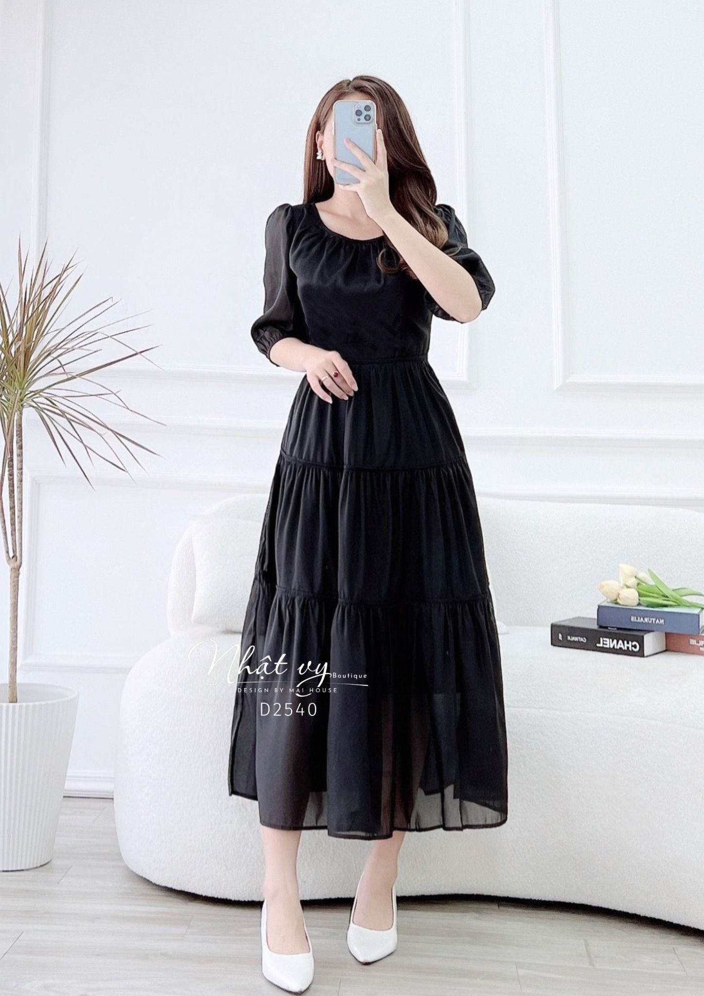 Đầm tầng nhún ngực cổ tròn thắt nơ lưng - D2540