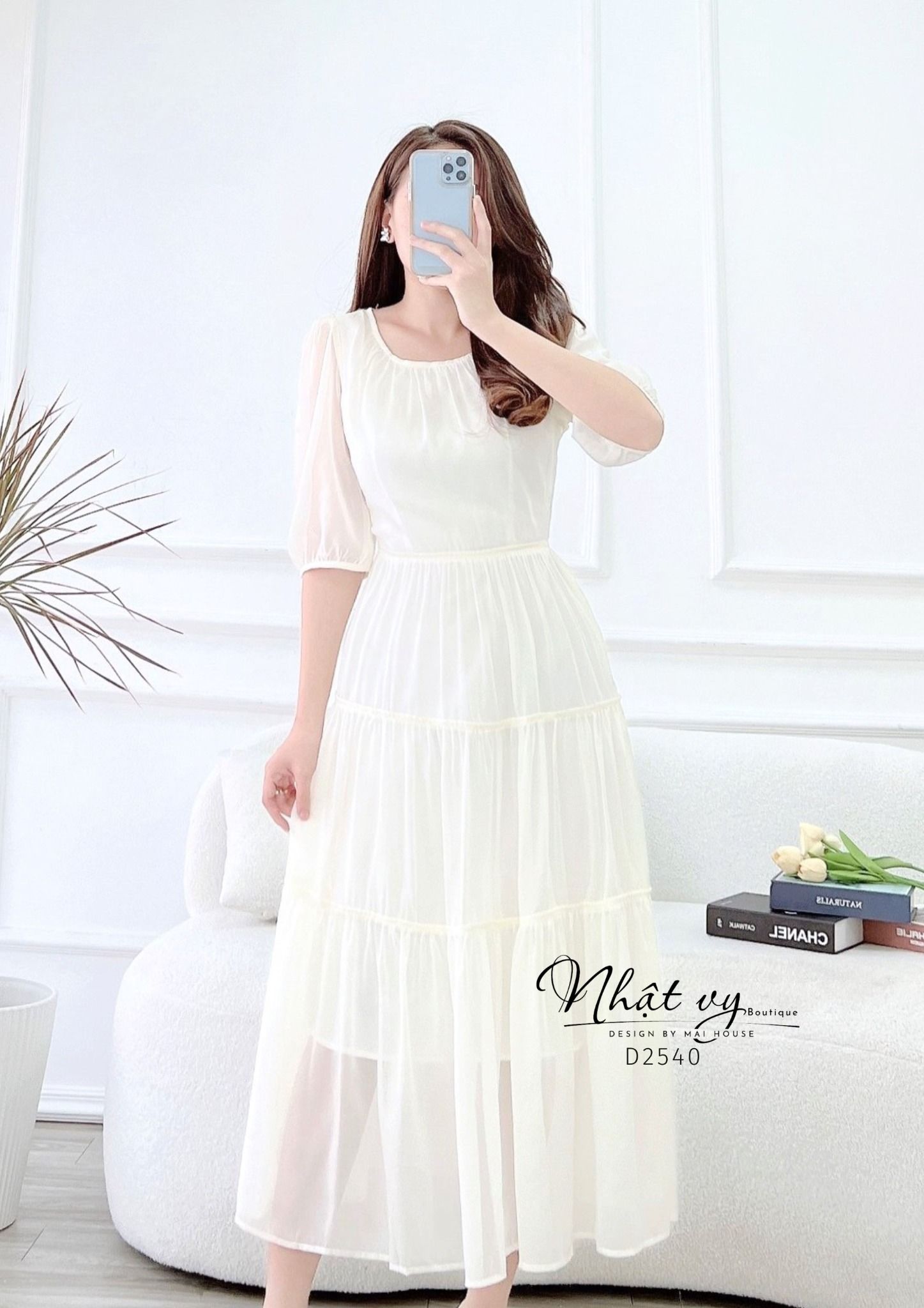 Đầm tầng nhún ngực cổ tròn thắt nơ lưng - D2540