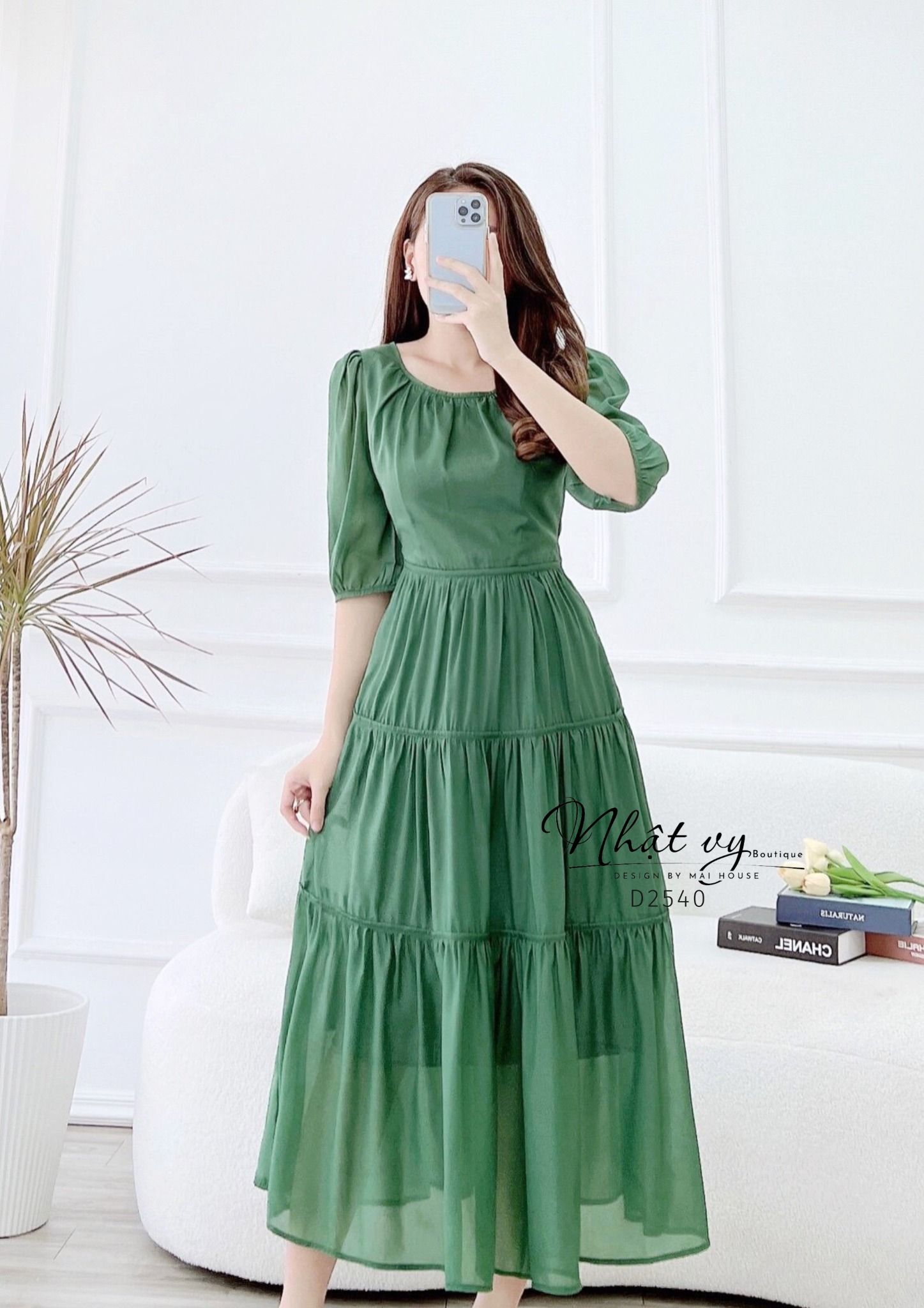 Đầm tầng nhún ngực cổ tròn thắt nơ lưng - D2540