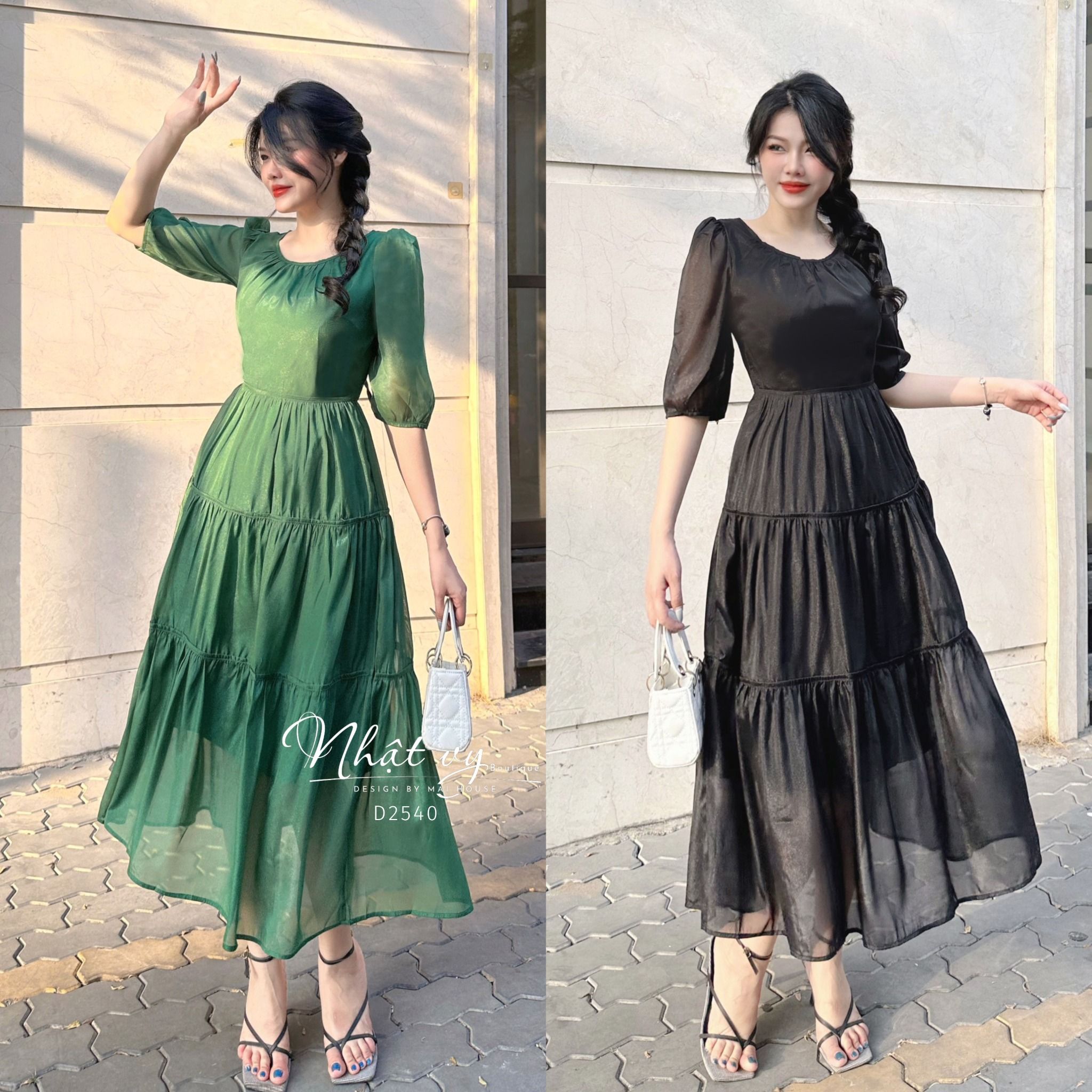 Đầm tầng nhún ngực cổ tròn thắt nơ lưng - D2540