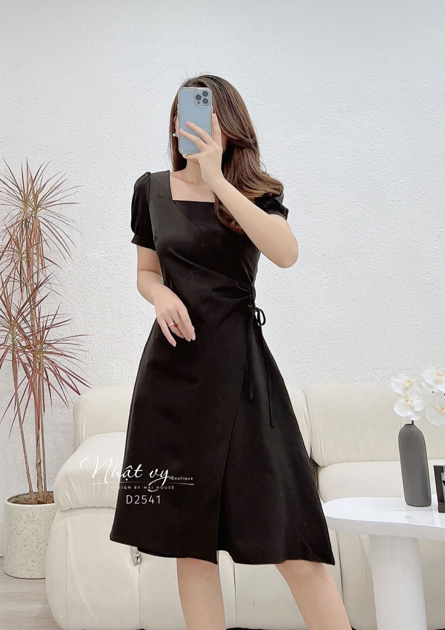 Đầm cổ vuông tay phồng nhún eo cách điệu - D2541