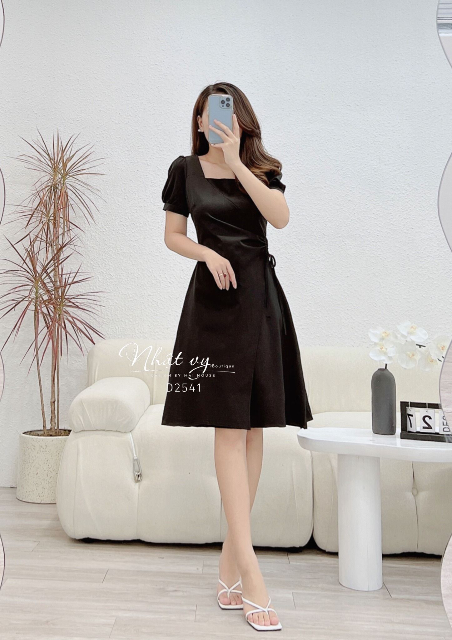 Đầm cổ vuông tay phồng nhún eo cách điệu - D2541