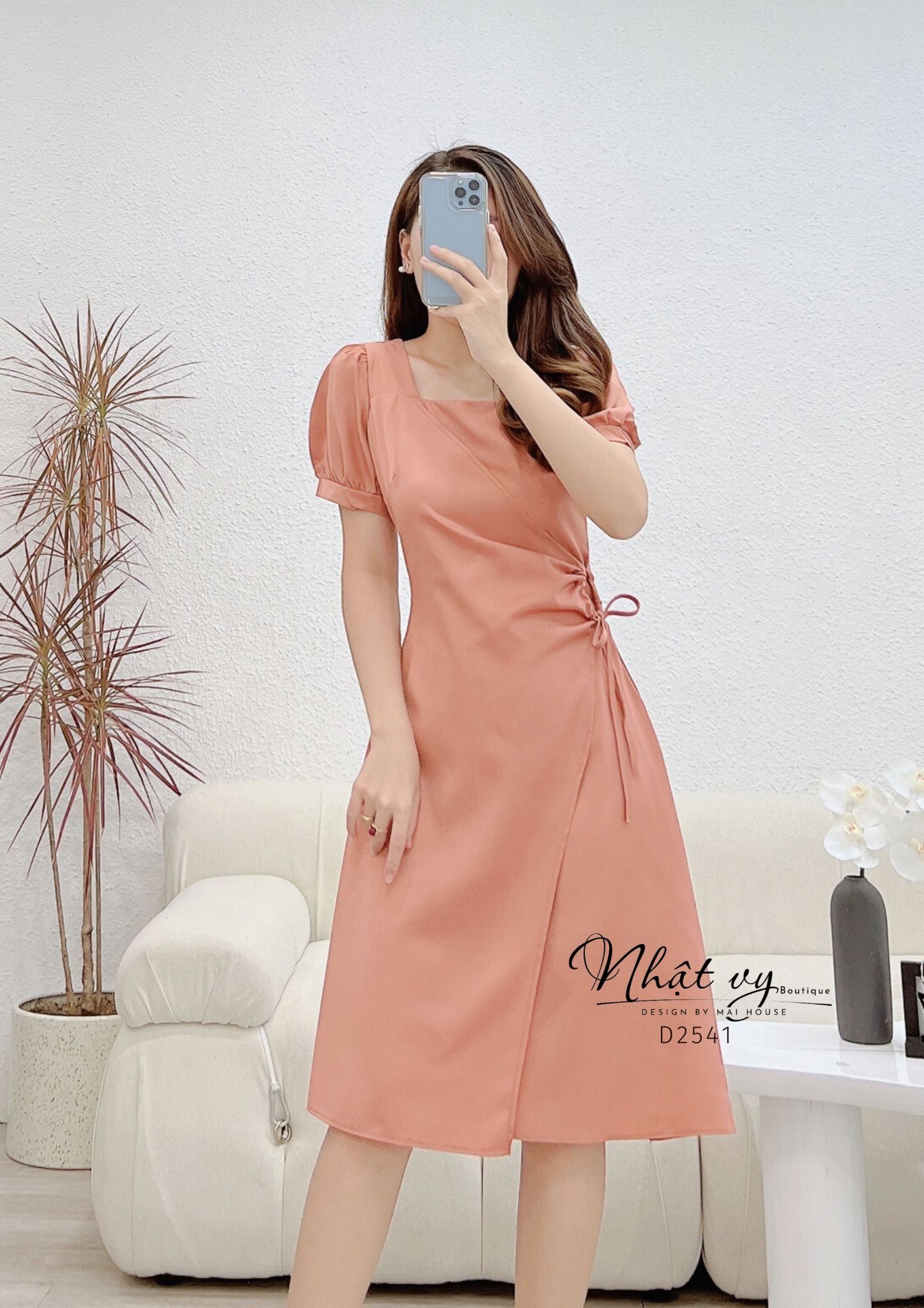 Đầm cổ vuông tay phồng nhún eo cách điệu - D2541