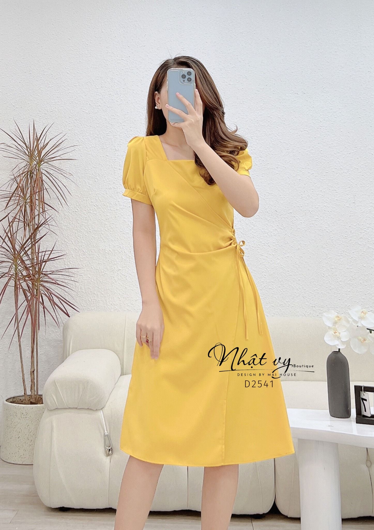 Đầm cổ vuông tay phồng nhún eo cách điệu - D2541