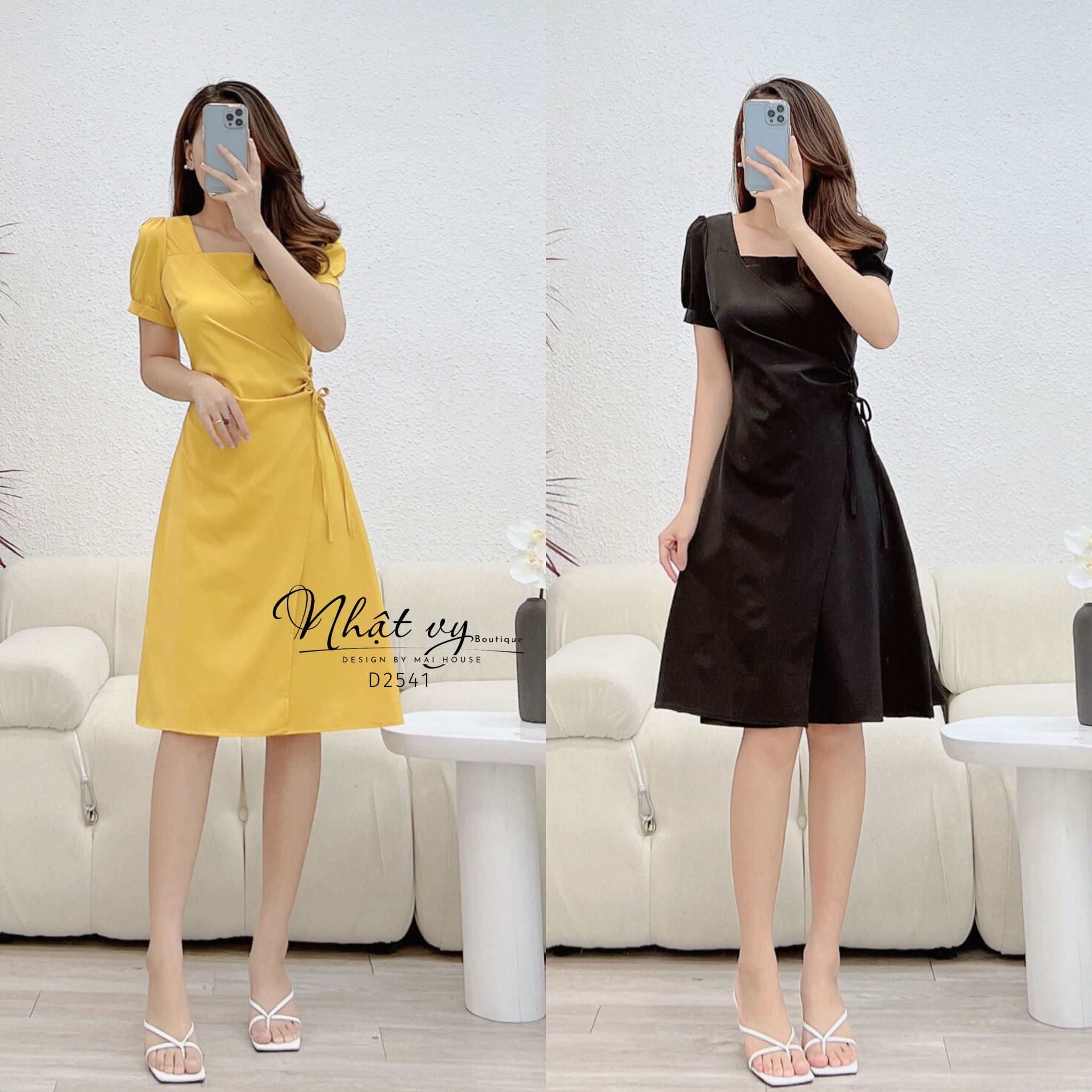Đầm cổ vuông tay phồng nhún eo cách điệu - D2541