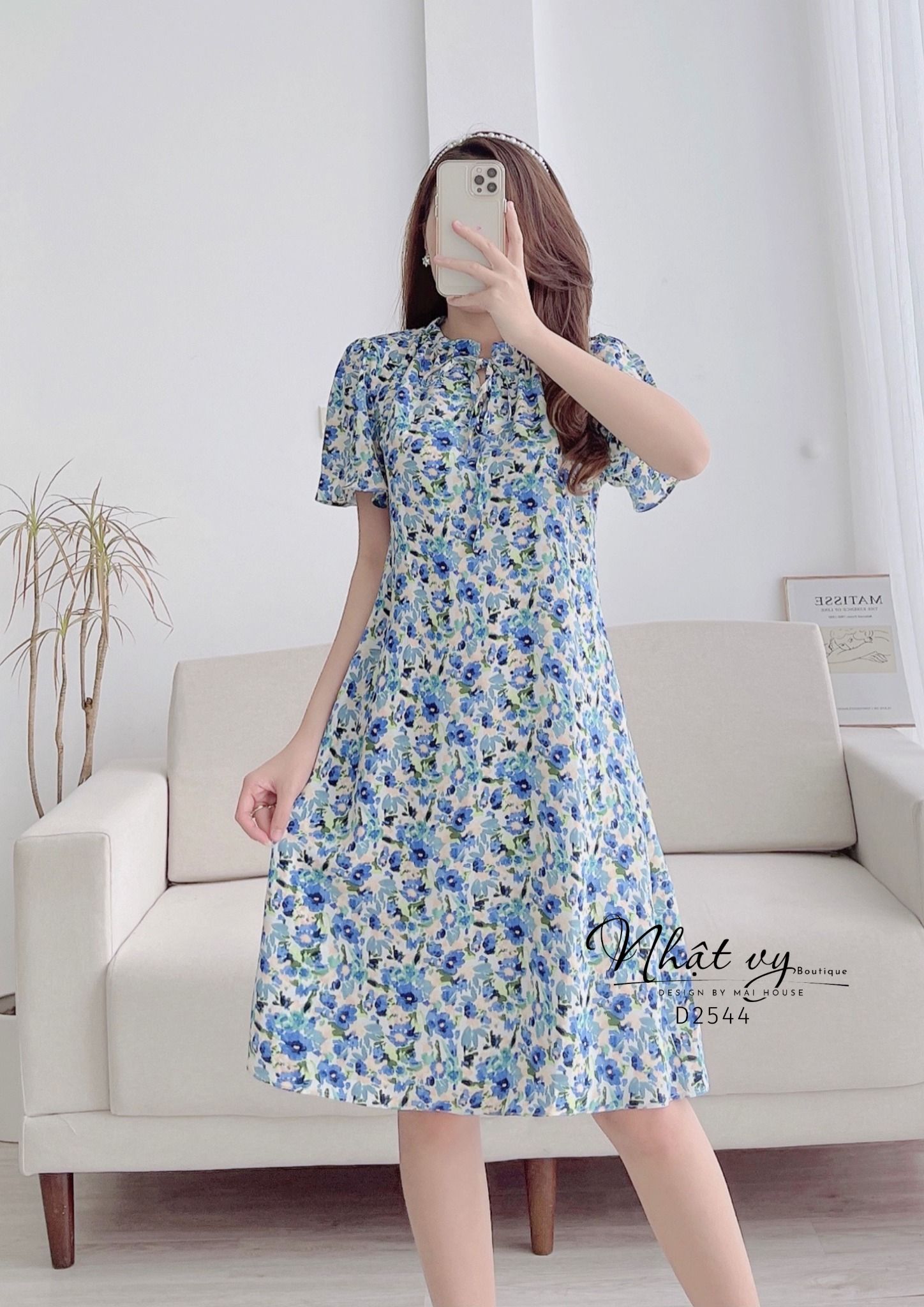 Đầm hoa suông cổ viền bèo tay cánh tiên - D2544
