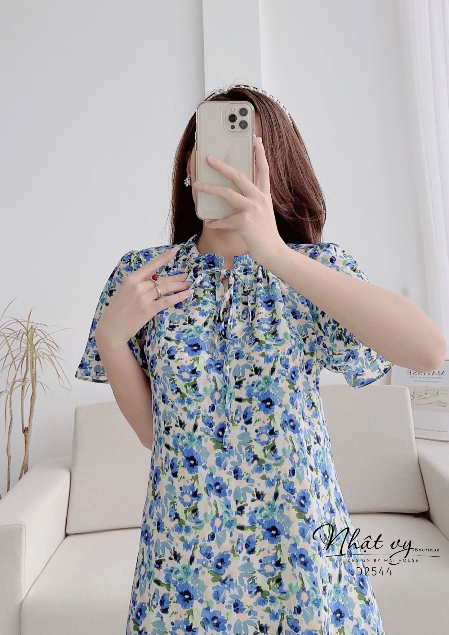 Đầm hoa suông cổ viền bèo tay cánh tiên - D2544