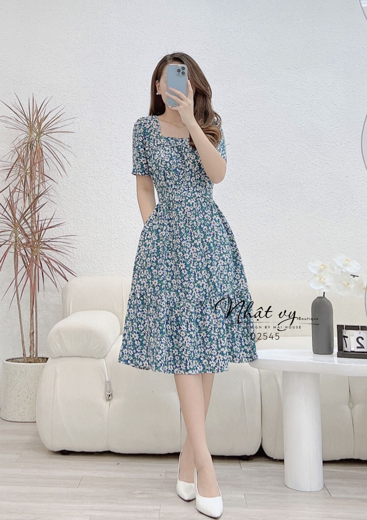 Đầm hoa dáng suông cổ vuông nhún ngực kèm dây - D2545