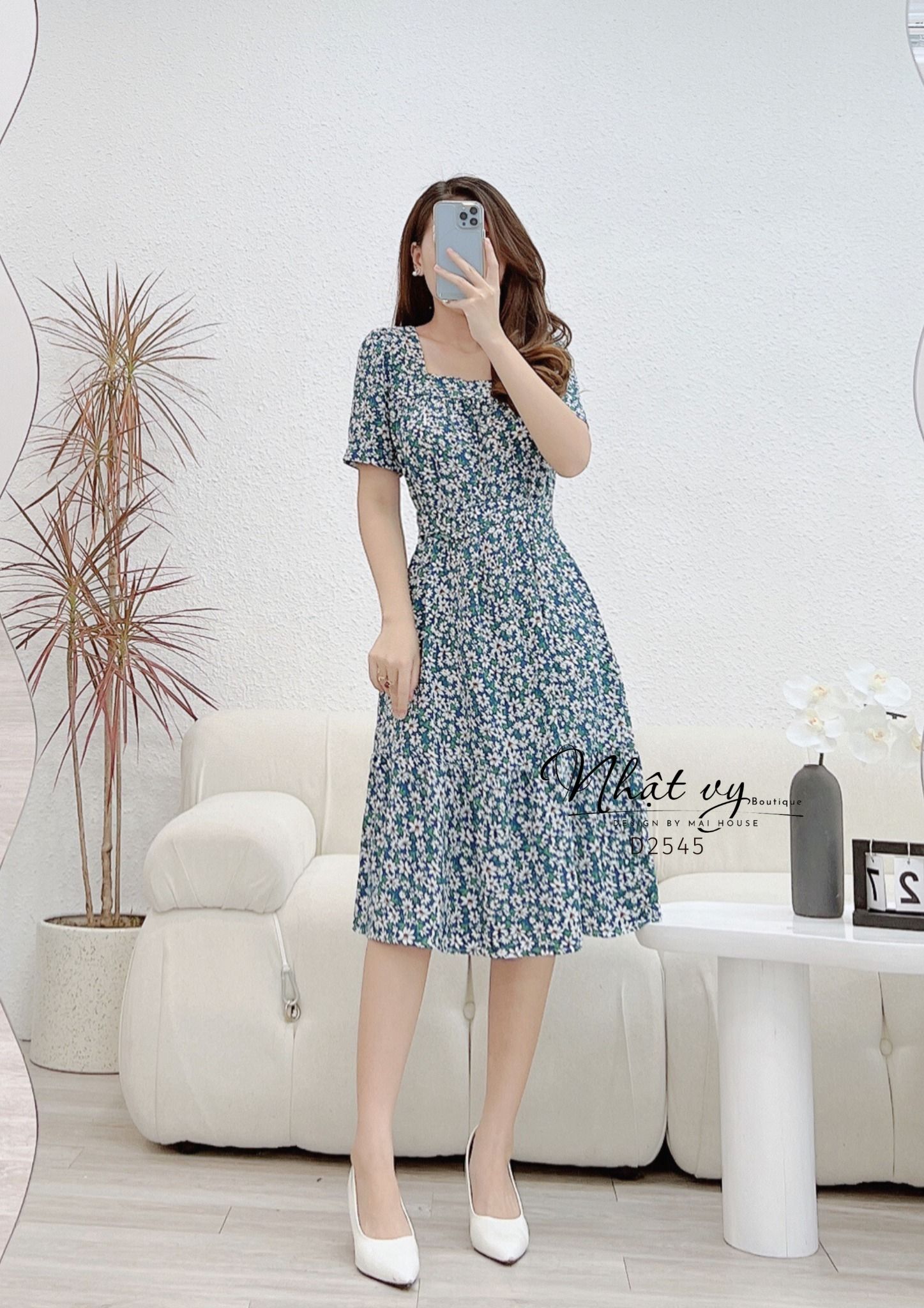 Đầm hoa dáng suông cổ vuông nhún ngực kèm dây - D2545
