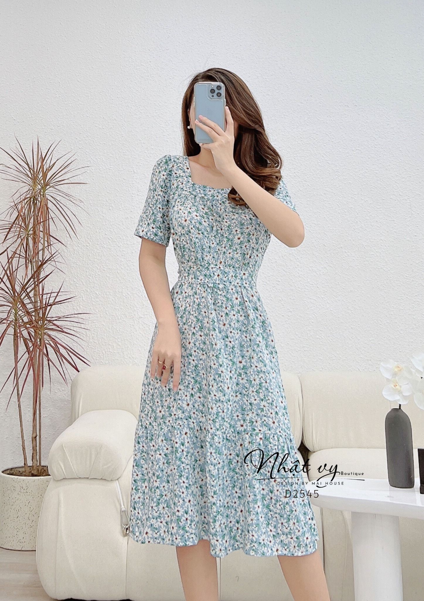 Đầm hoa dáng suông cổ vuông nhún ngực kèm dây - D2545
