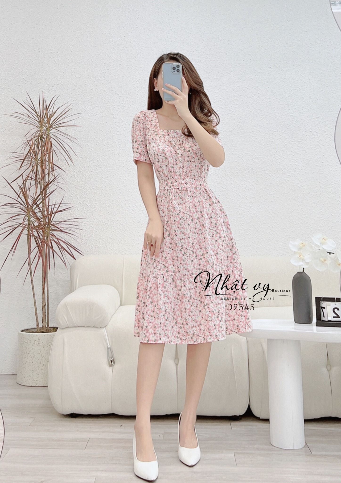 Đầm hoa dáng suông cổ vuông nhún ngực kèm dây - D2545