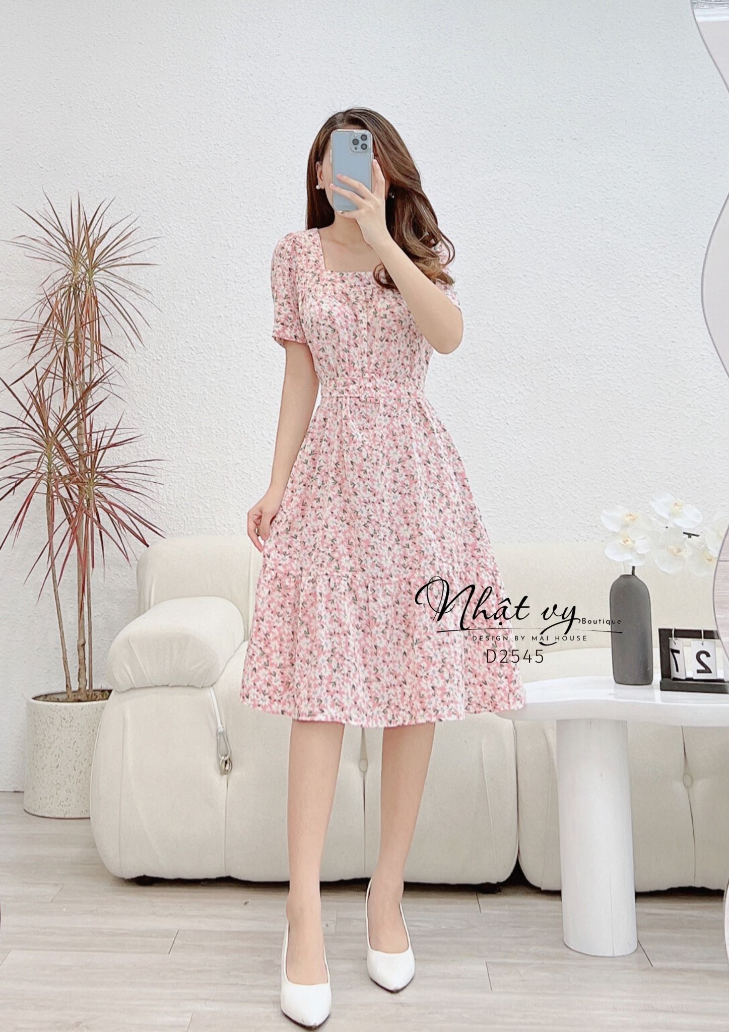 Đầm hoa dáng suông cổ vuông nhún ngực kèm dây - D2545