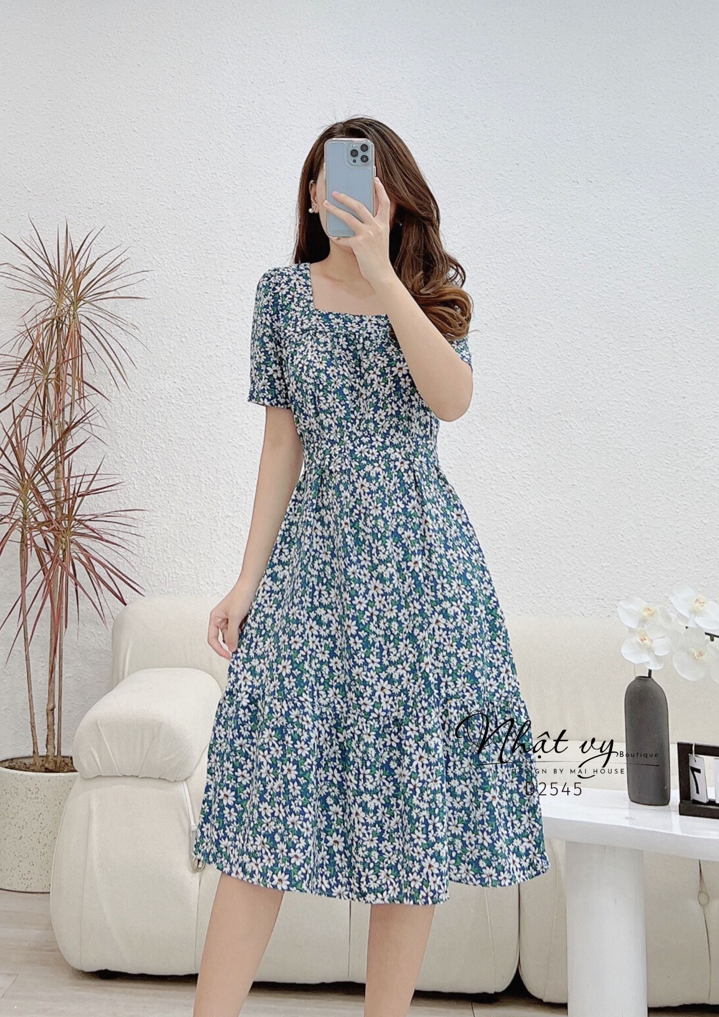 Đầm hoa dáng suông cổ vuông nhún ngực kèm dây - D2545