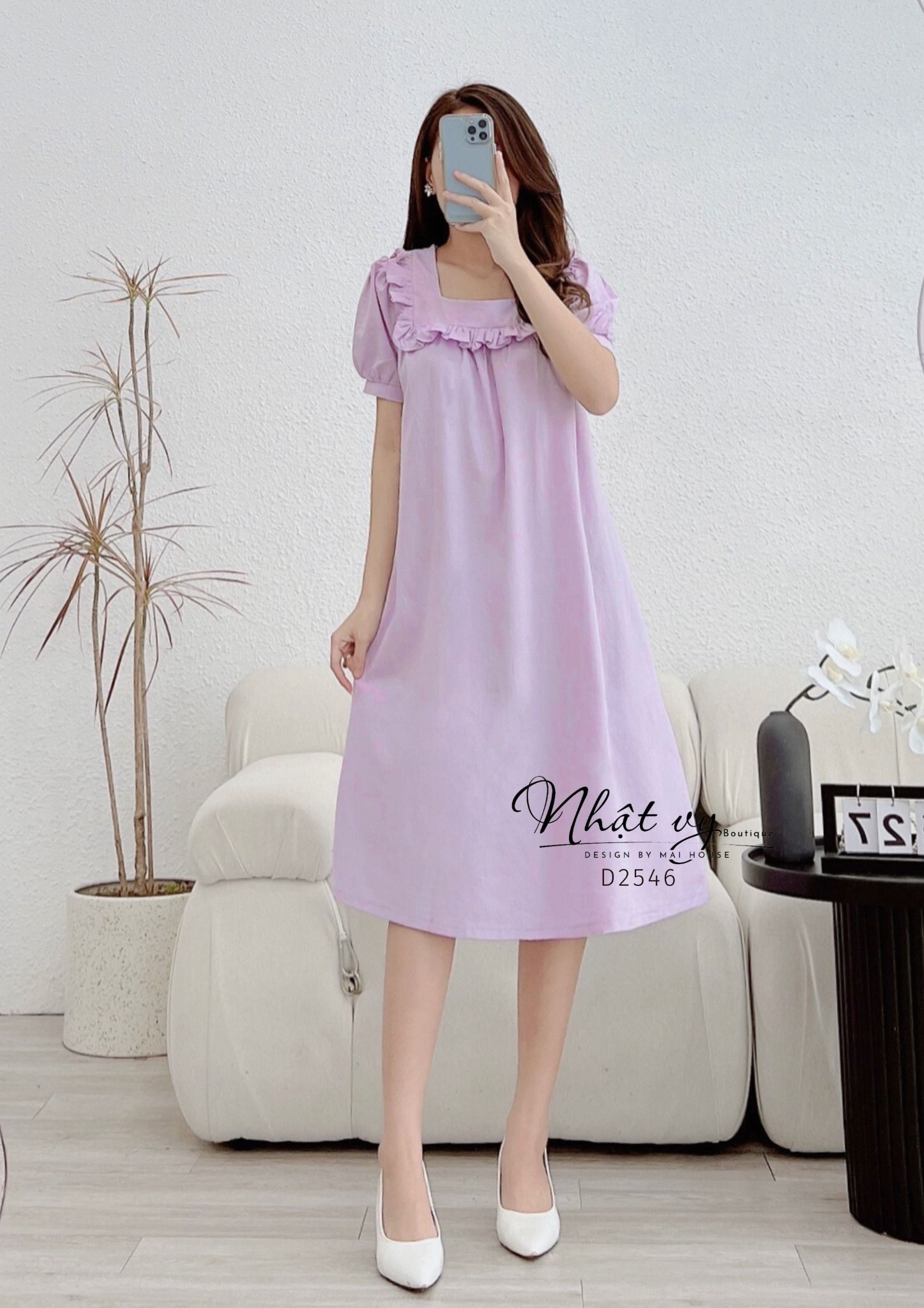 Đầm dáng suông tay phồng cổ vuông viền bèo - D2546