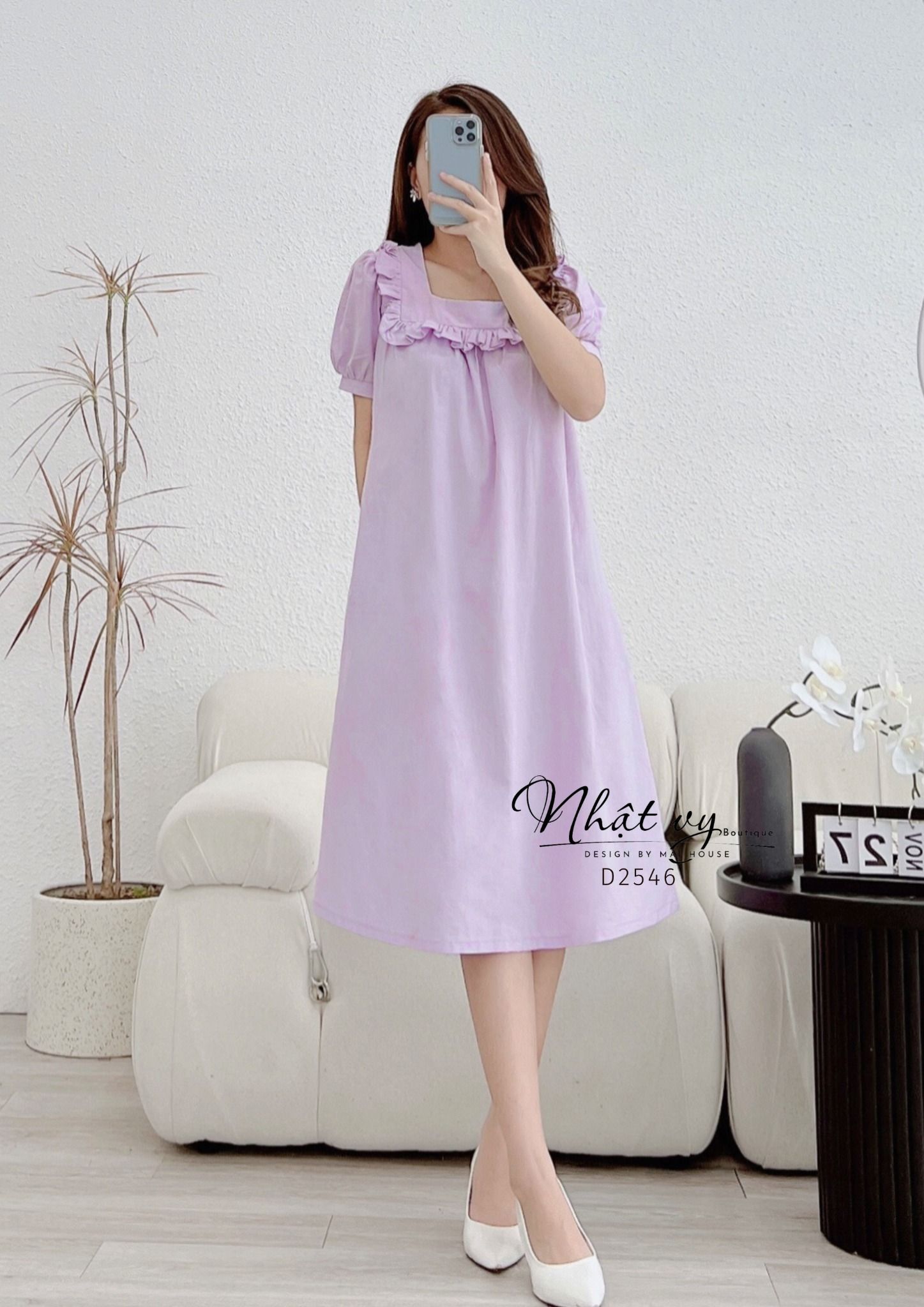 Đầm dáng suông tay phồng cổ vuông viền bèo - D2546