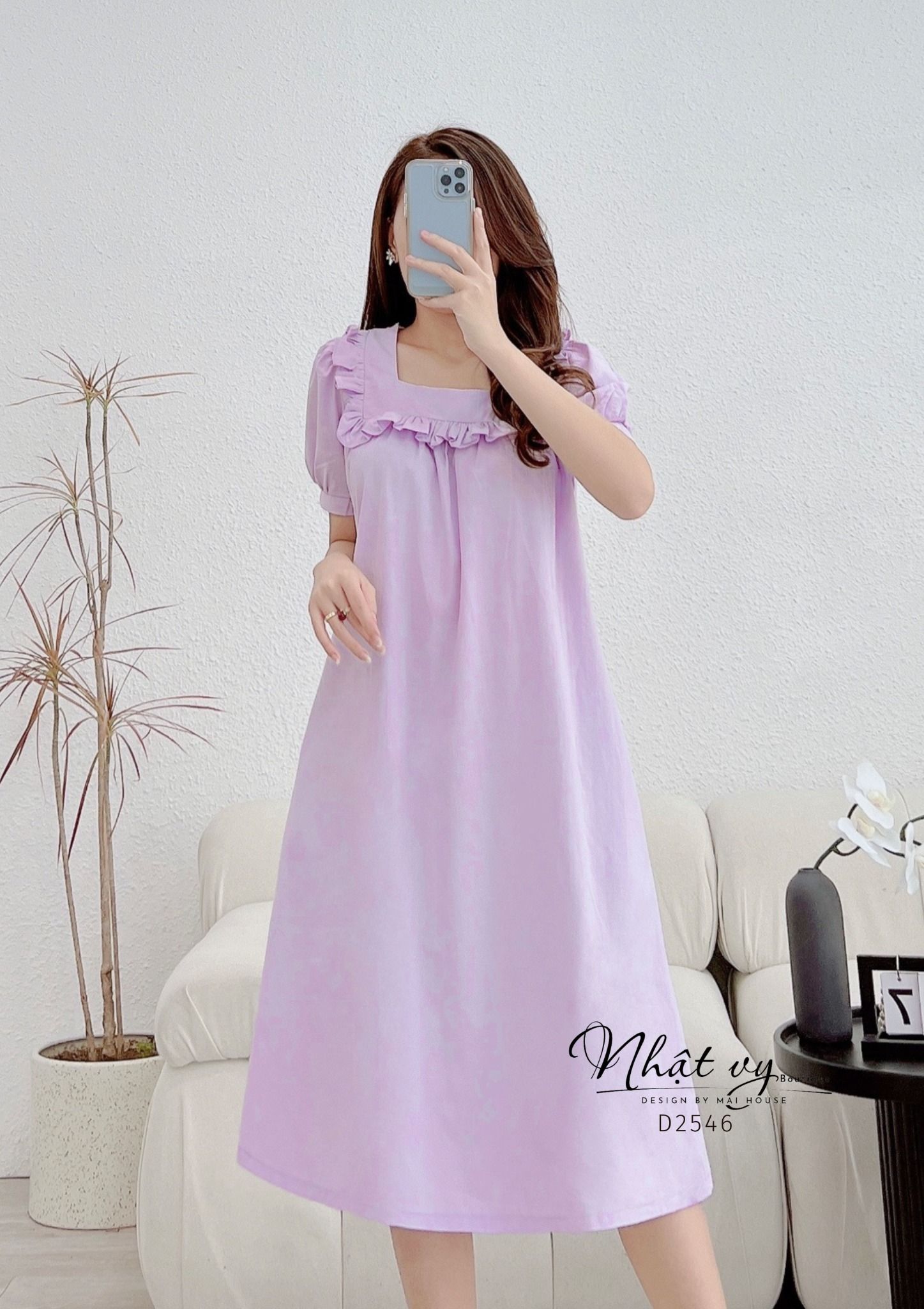 Đầm dáng suông tay phồng cổ vuông viền bèo - D2546