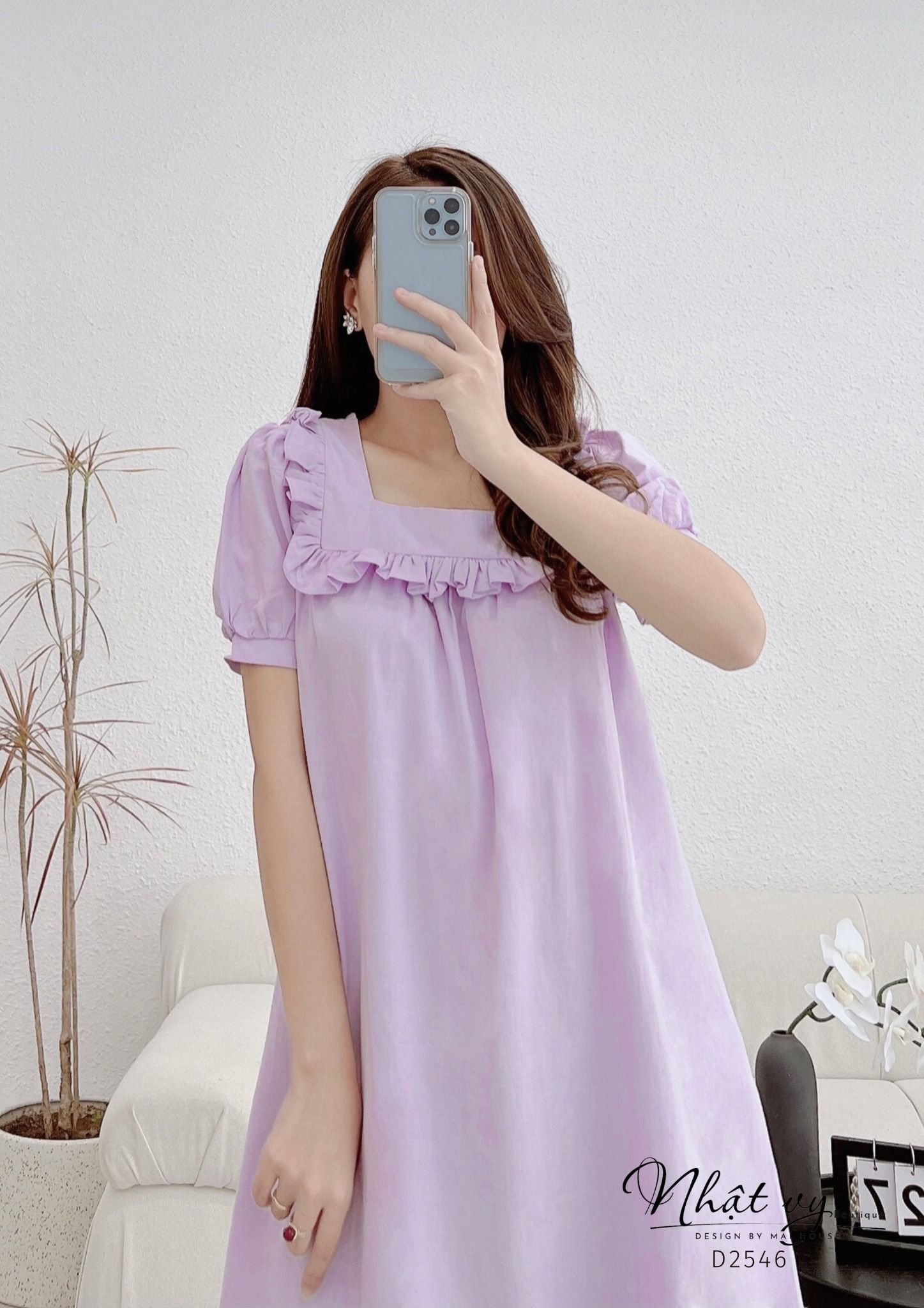 Đầm dáng suông tay phồng cổ vuông viền bèo - D2546