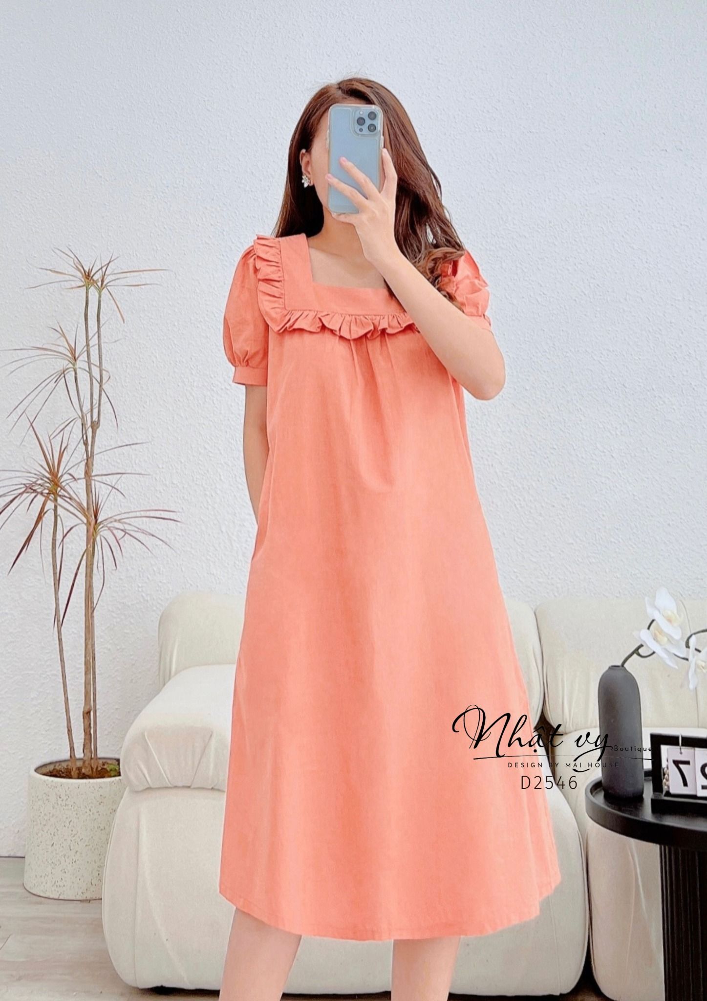 Đầm dáng suông tay phồng cổ vuông viền bèo - D2546