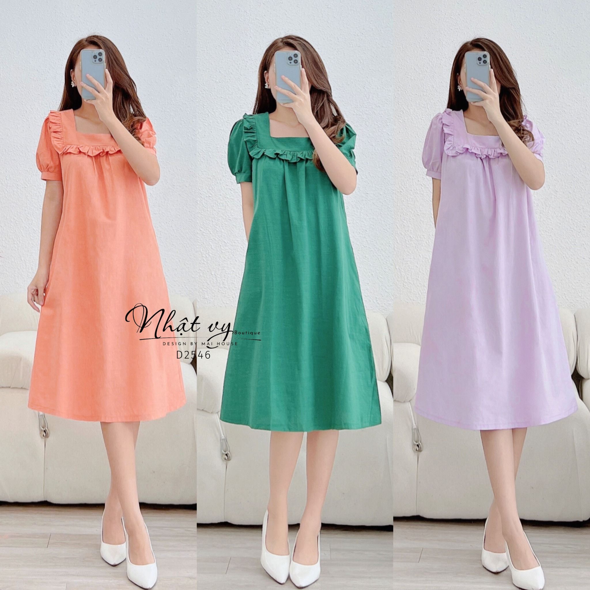 Đầm dáng suông tay phồng cổ vuông viền bèo - D2546