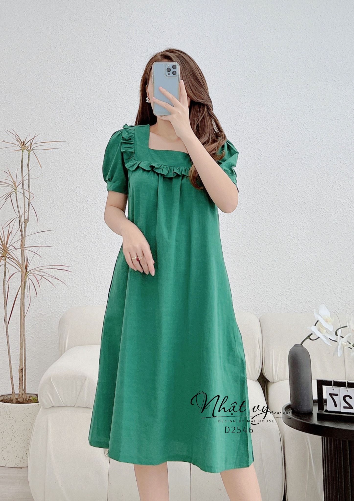 Đầm dáng suông tay phồng cổ vuông viền bèo - D2546