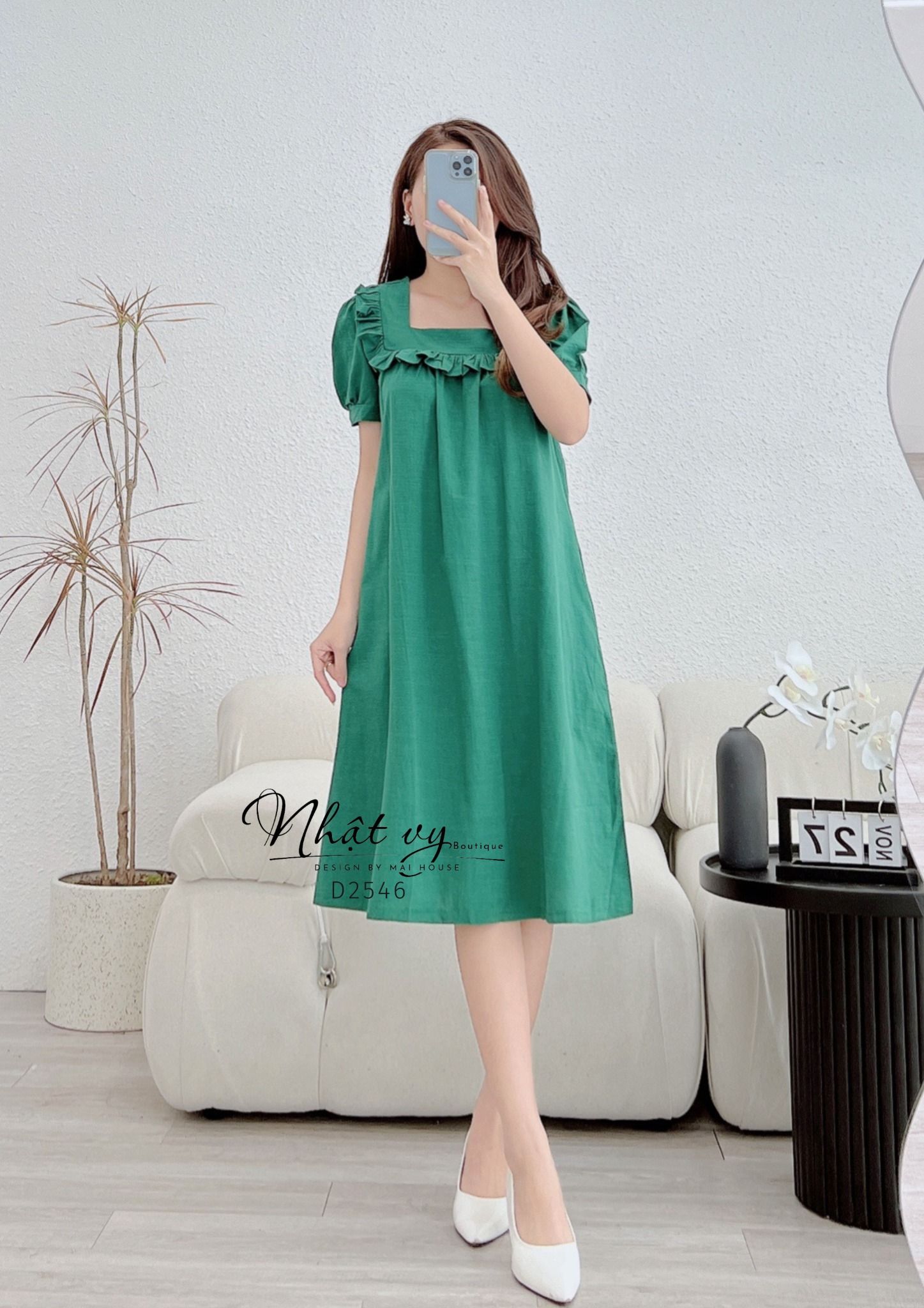 Đầm dáng suông tay phồng cổ vuông viền bèo - D2546