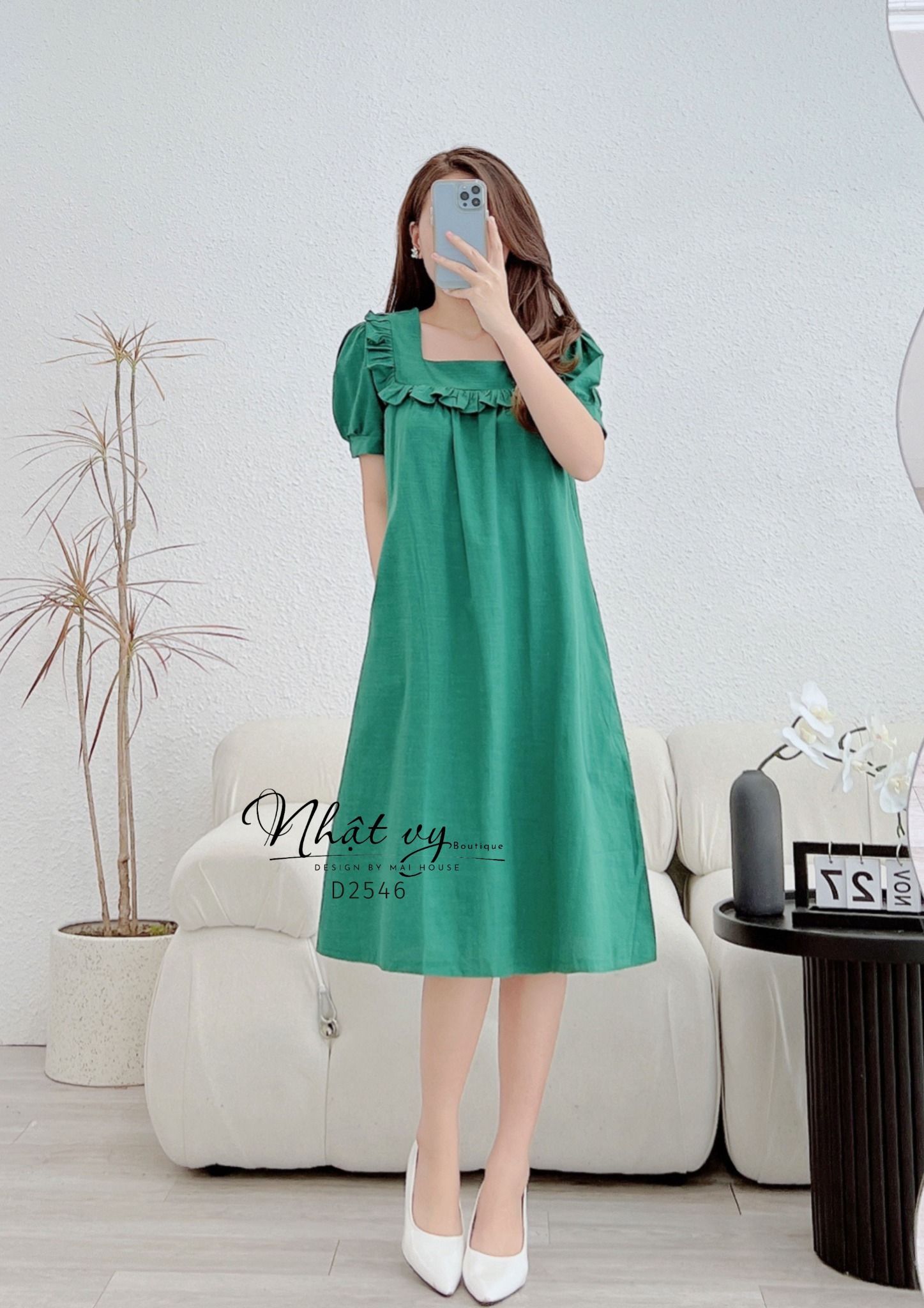 Đầm dáng suông tay phồng cổ vuông viền bèo - D2546