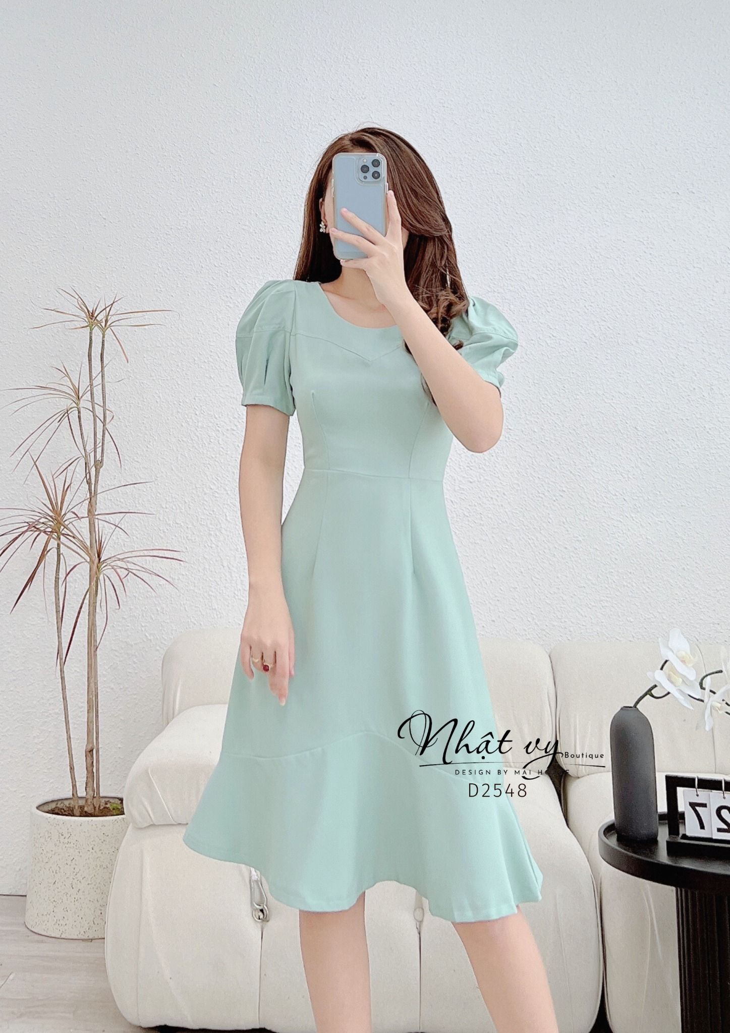 Đầm đuôi cá cổ tròn viền ngực tay phồng cách điệu - D2548