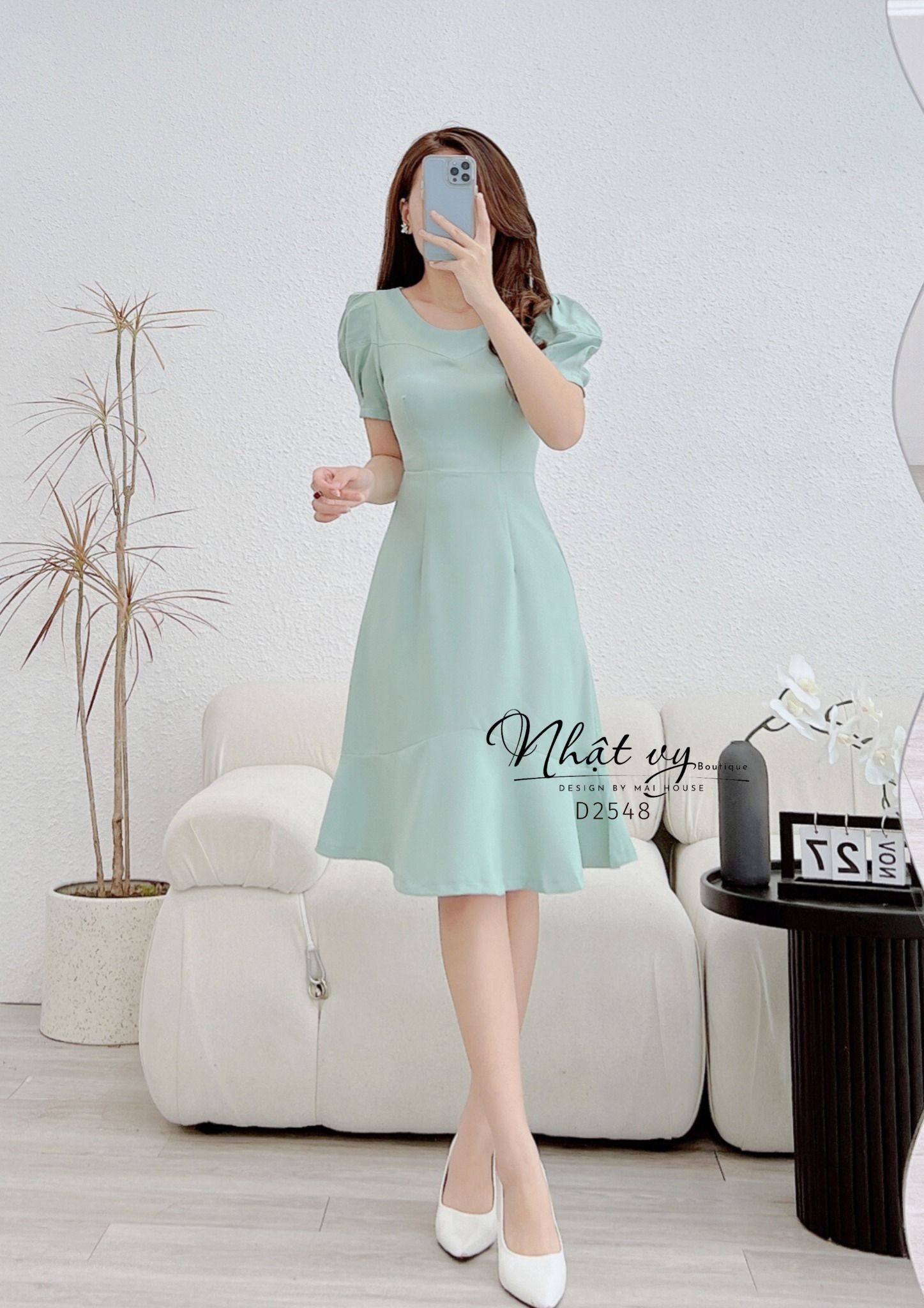 Đầm đuôi cá cổ tròn viền ngực tay phồng cách điệu - D2548