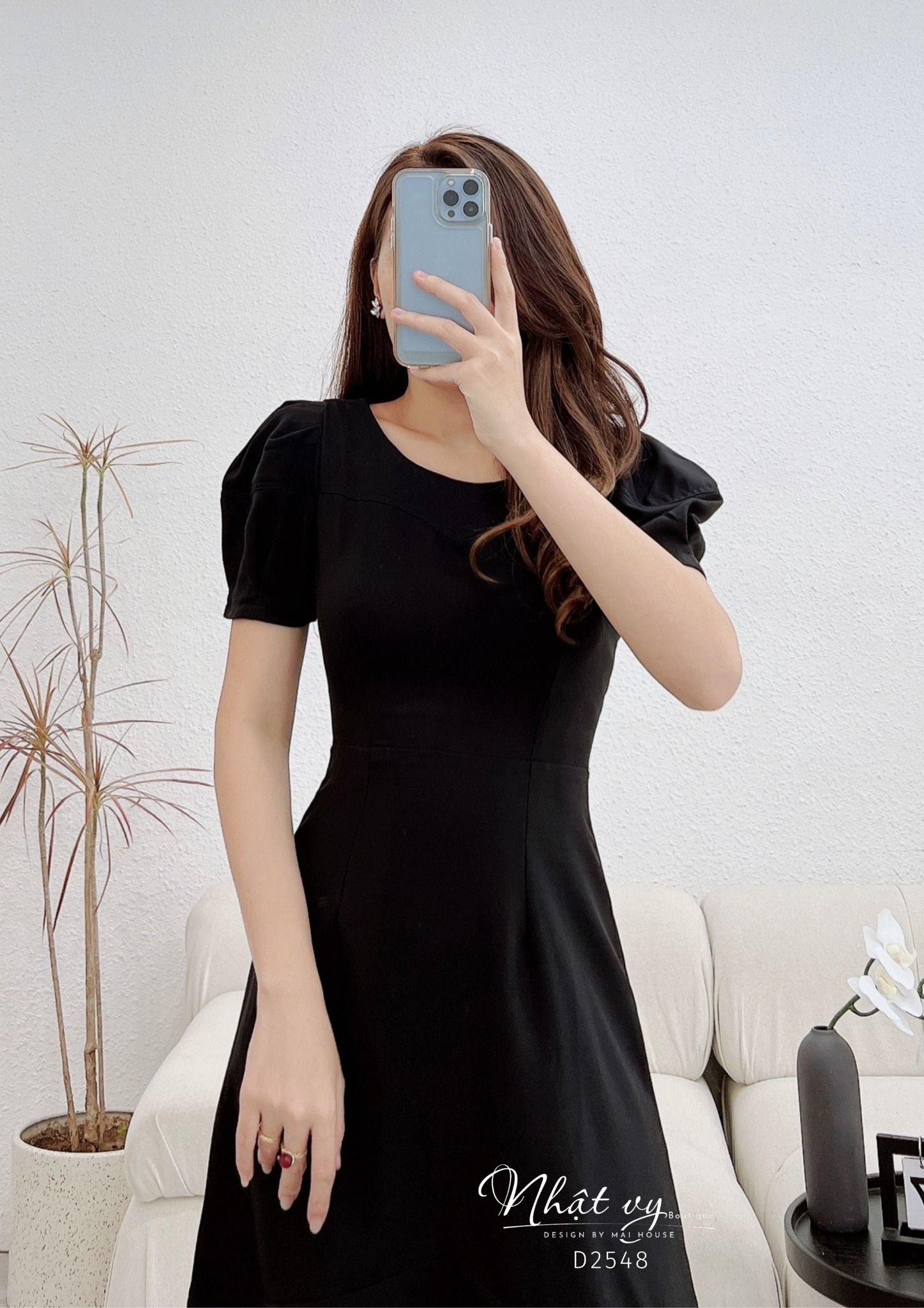 Đầm đuôi cá cổ tròn viền ngực tay phồng cách điệu - D2548