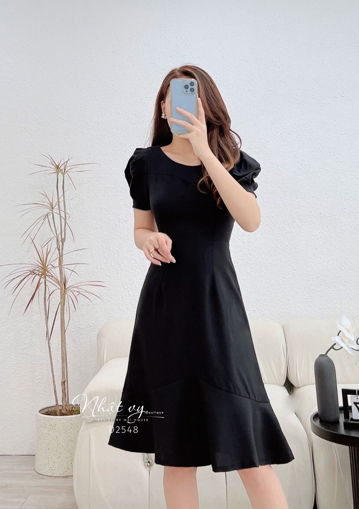 Đầm đuôi cá cổ tròn viền ngực tay phồng cách điệu - D2548