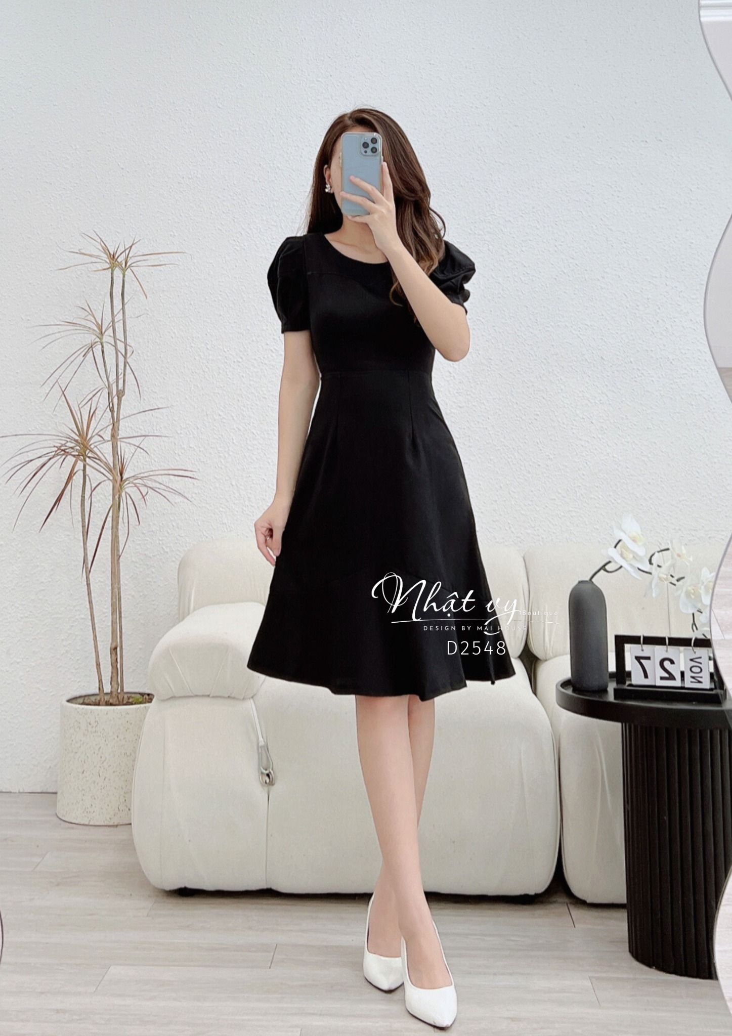 Đầm đuôi cá cổ tròn viền ngực tay phồng cách điệu - D2548