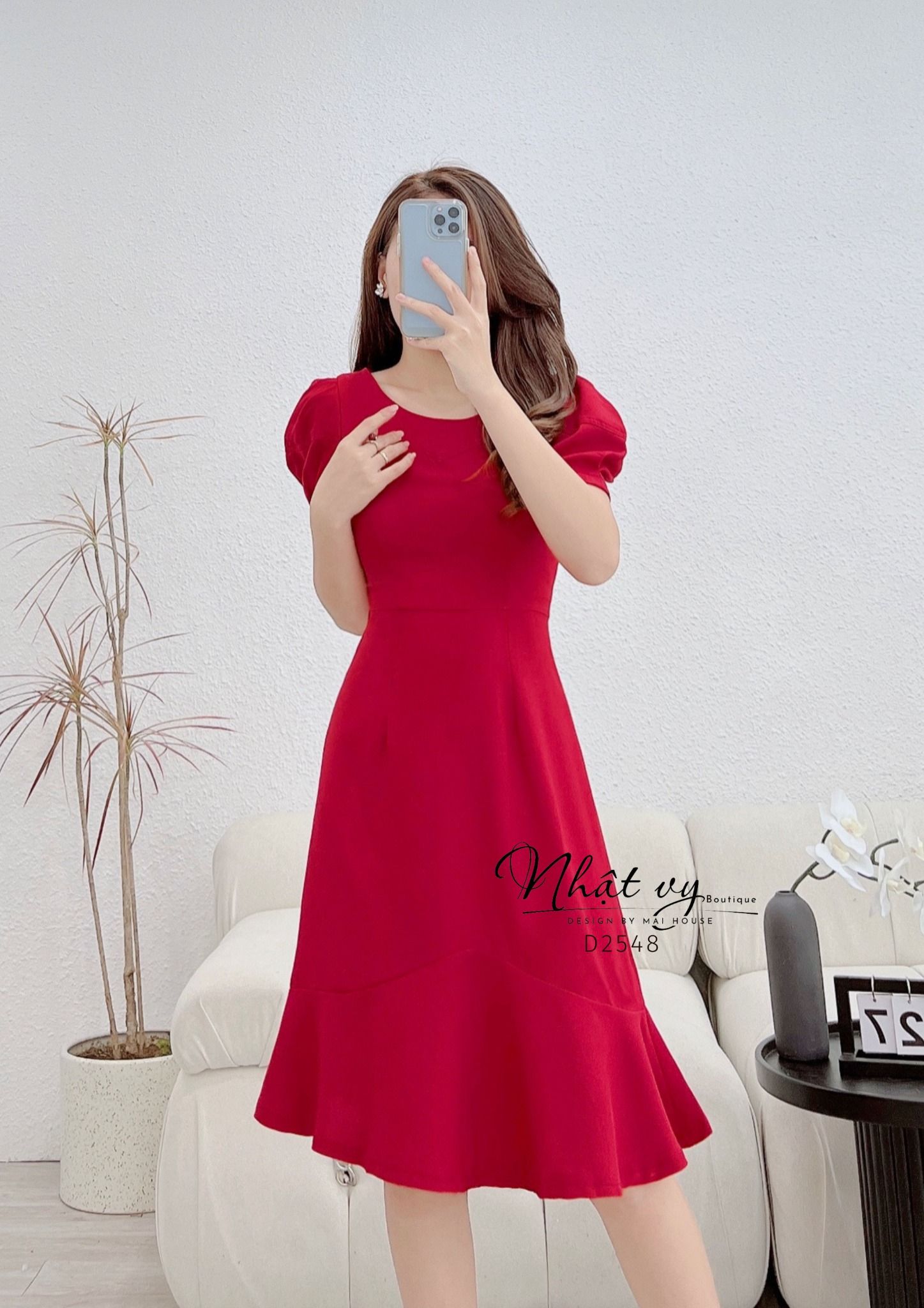 Đầm đuôi cá cổ tròn viền ngực tay phồng cách điệu - D2548