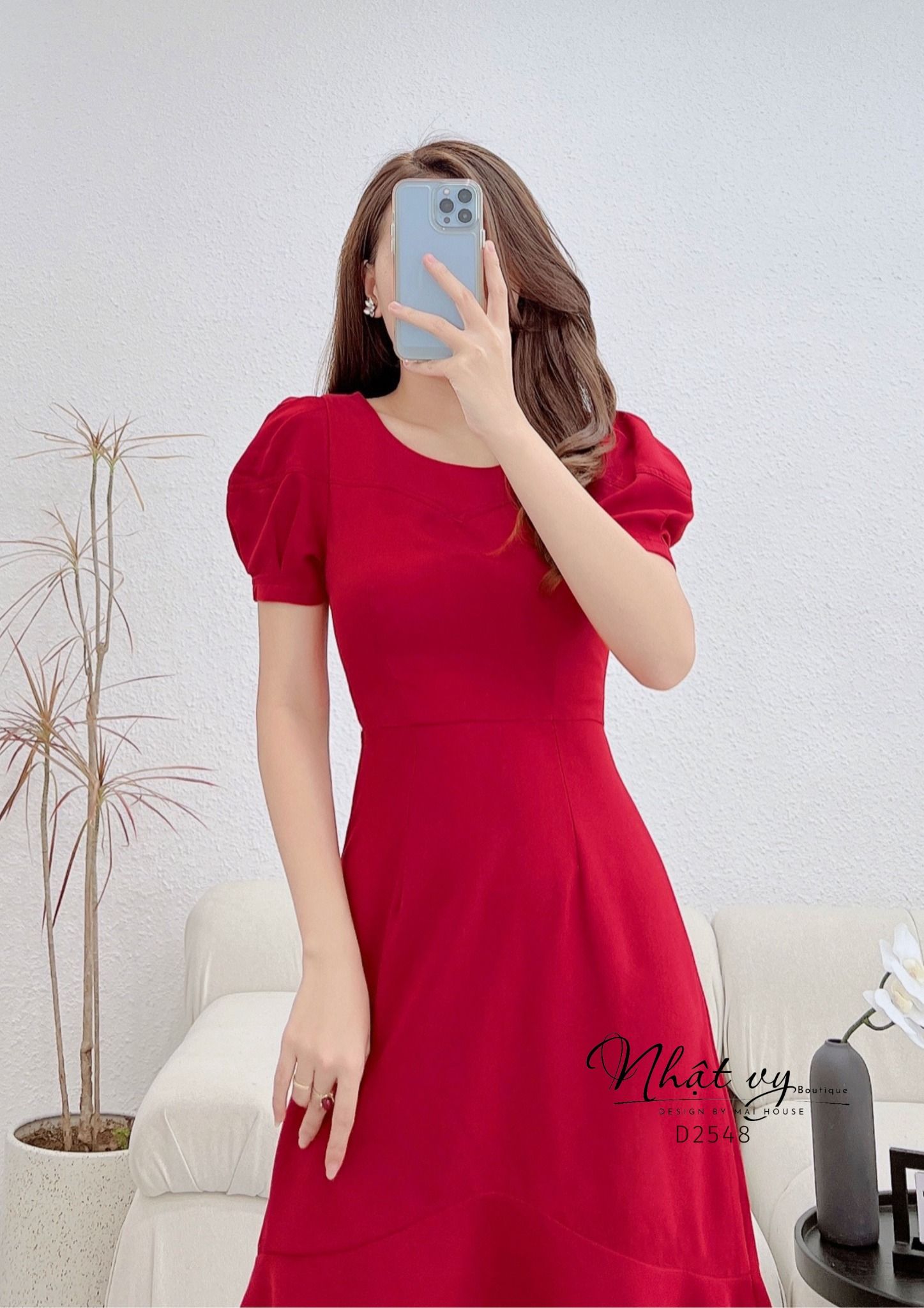Đầm đuôi cá cổ tròn viền ngực tay phồng cách điệu - D2548