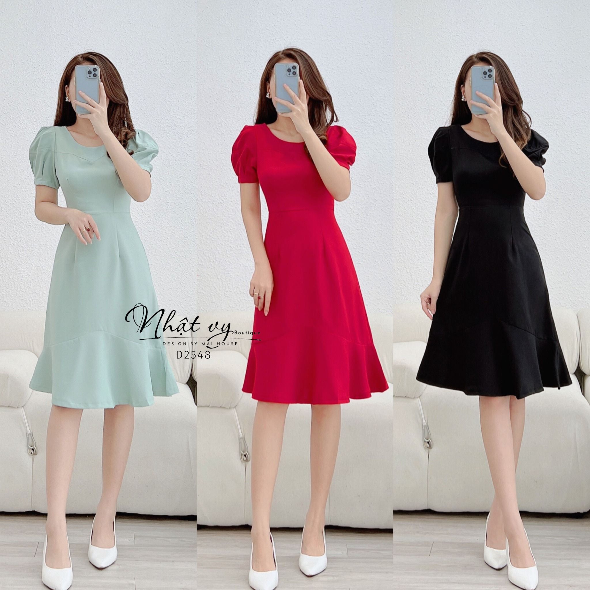 Đầm đuôi cá cổ tròn viền ngực tay phồng cách điệu - D2548