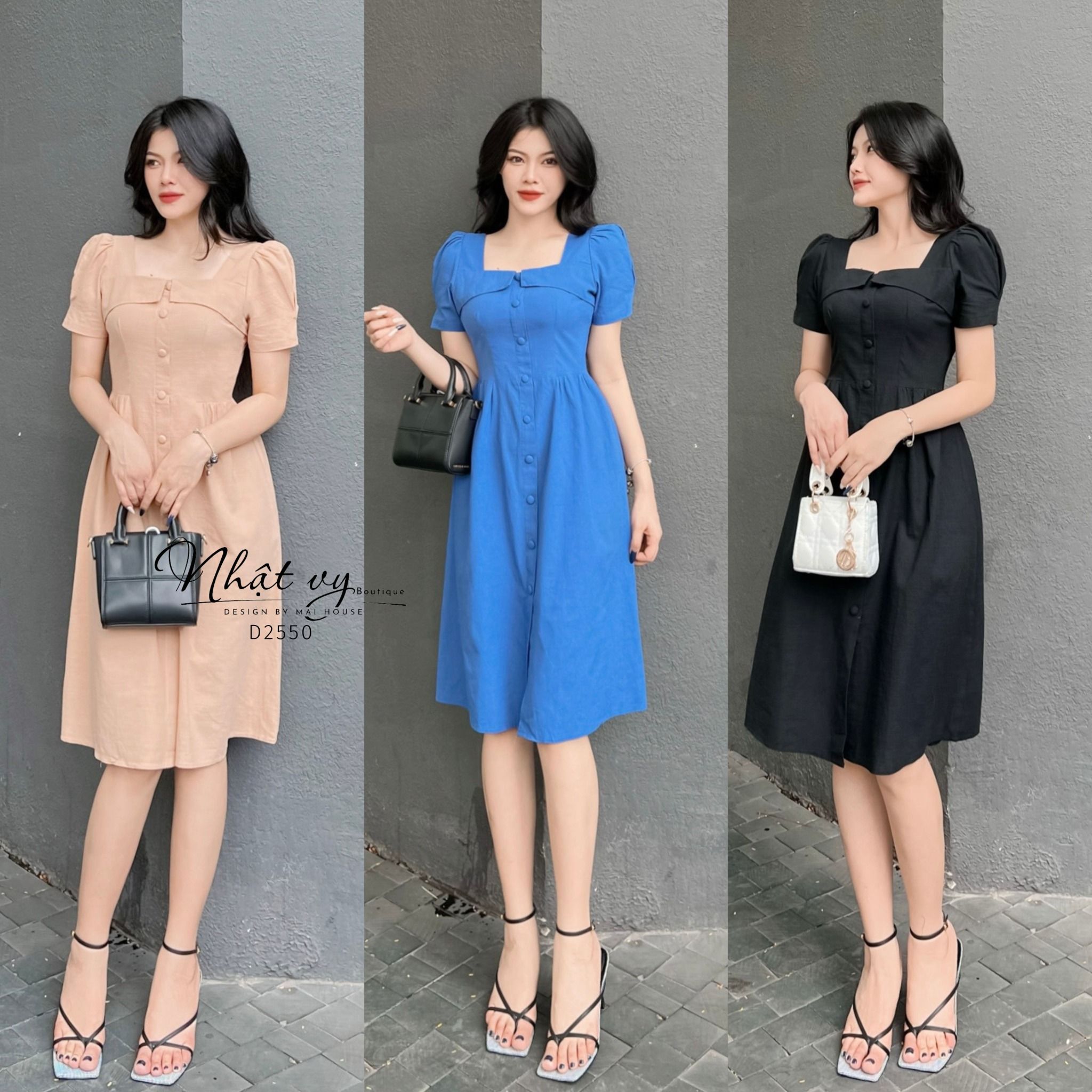 Đầm cổ vuông nút bọc tay phồng form dáng xòe - D2550