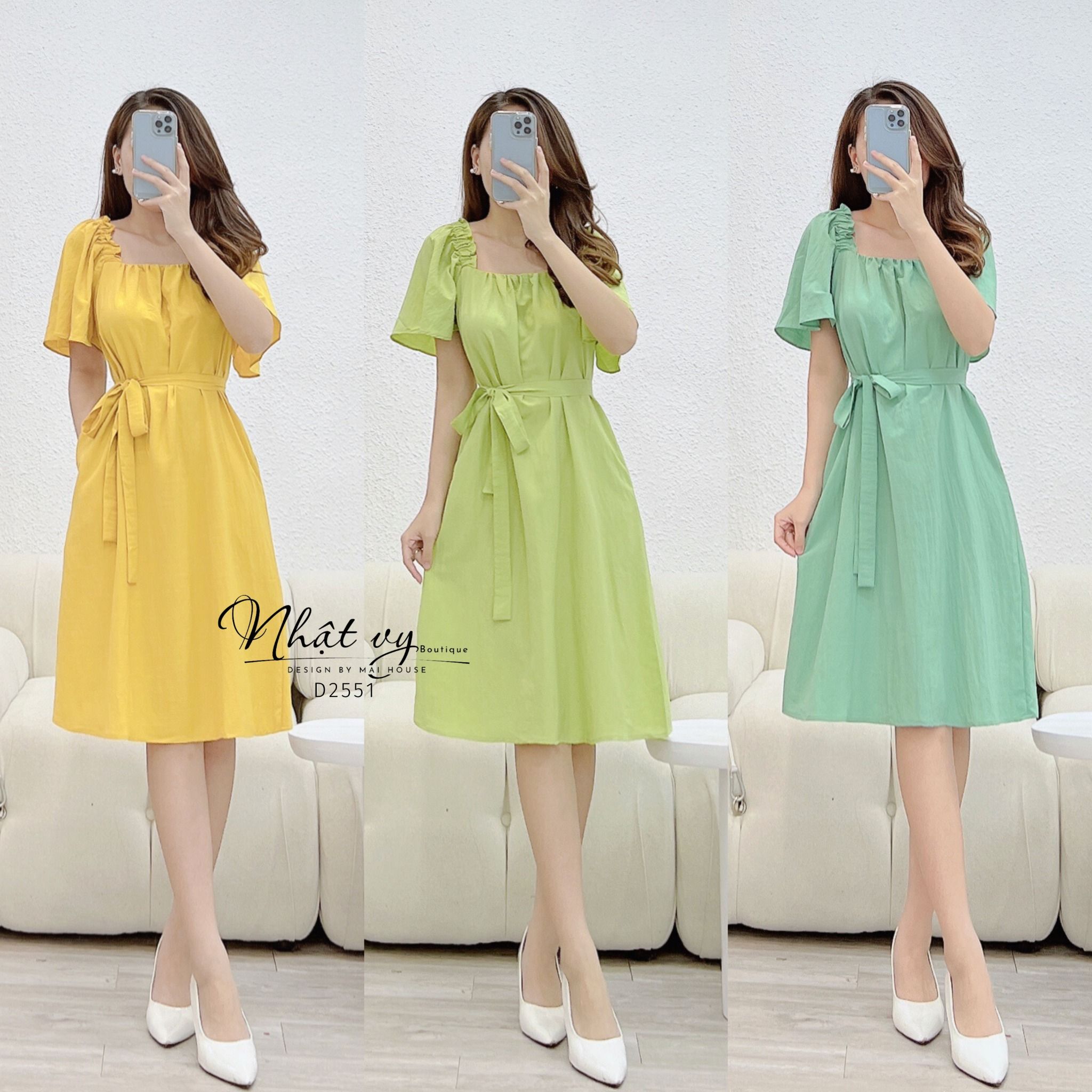 Đầm cổ vuông nhún cách điệu kiểu tay cánh tiên - D2551