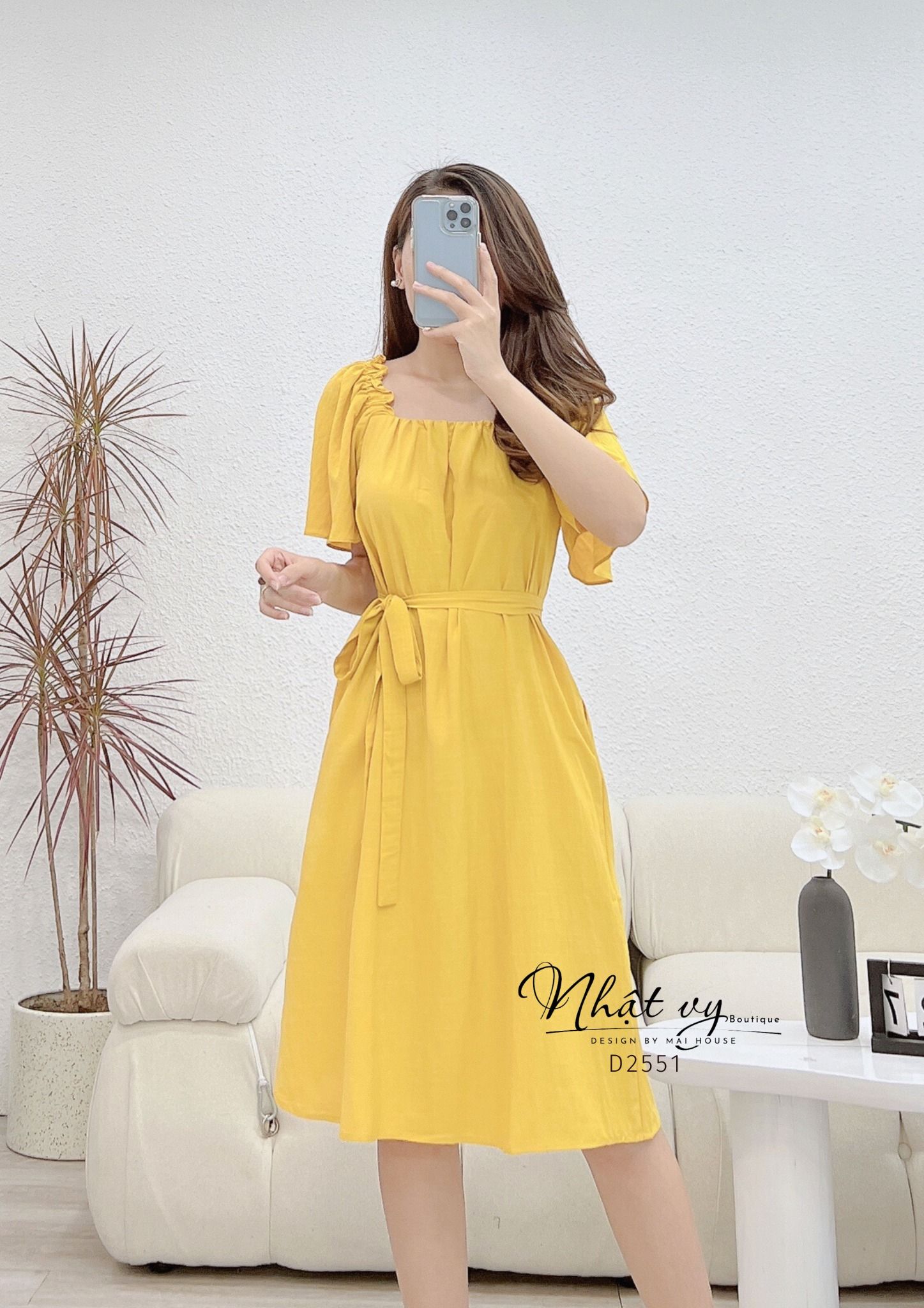 Đầm cổ vuông nhún cách điệu kiểu tay cánh tiên - D2551
