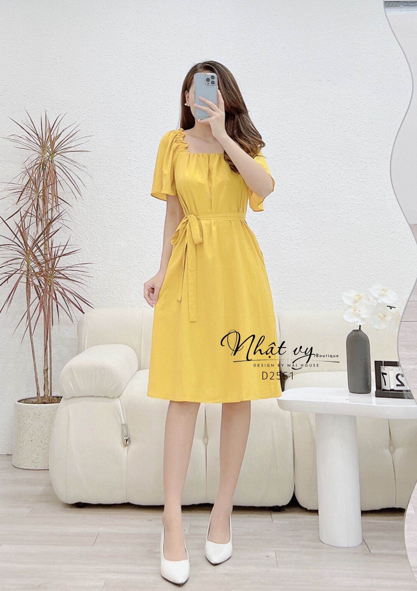 Đầm cổ vuông nhún cách điệu kiểu tay cánh tiên - D2551