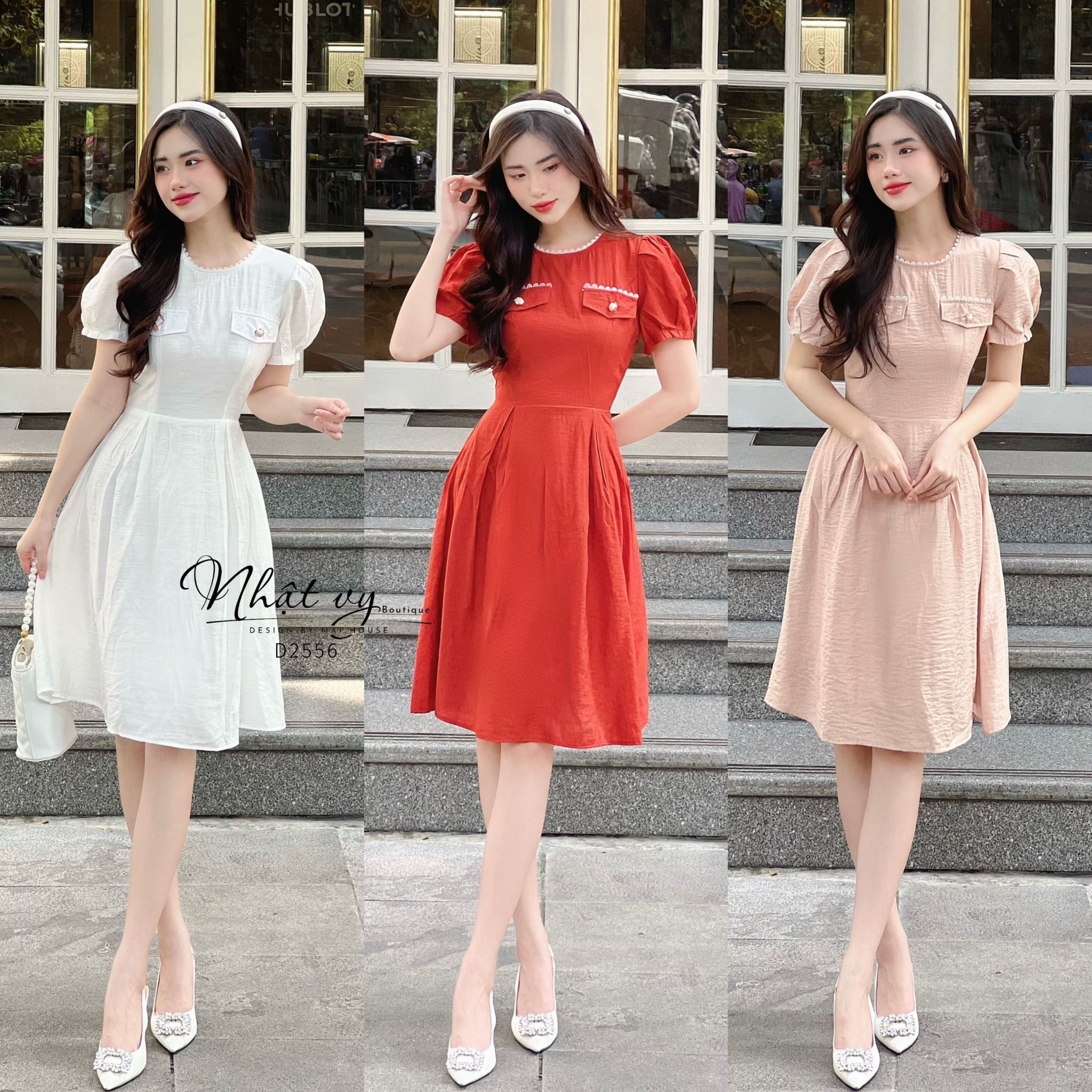 Đầm cổ tròn viền ren đính túi giả tay phồng - D2556