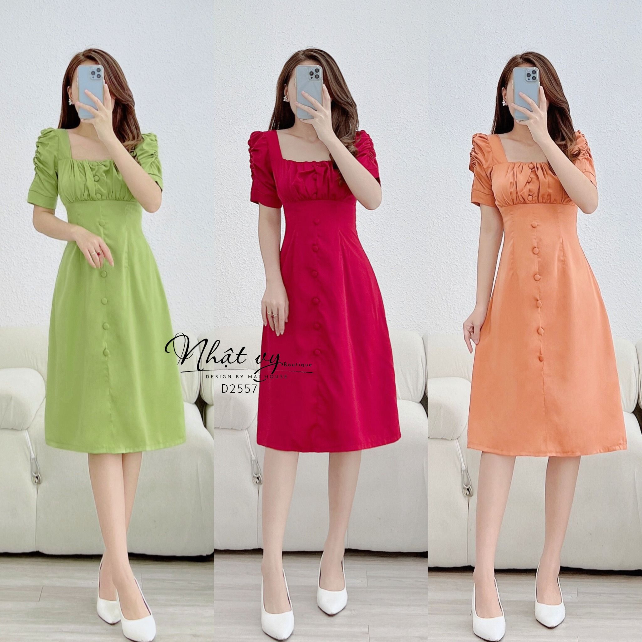 Đầm nhún ngực tay cách điệu đính cúc bọc - D2557
