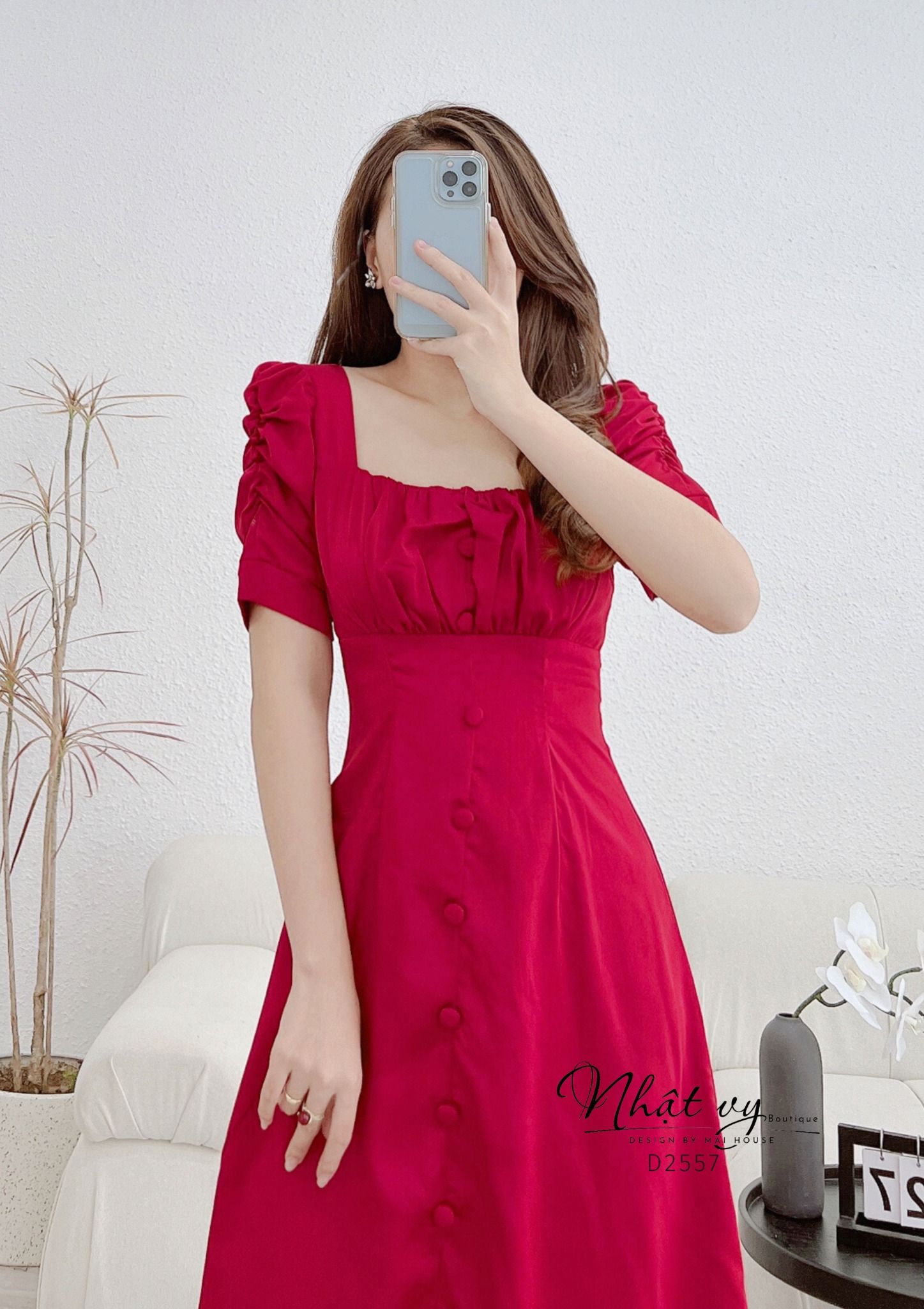 Đầm nhún ngực tay cách điệu đính cúc bọc - D2557