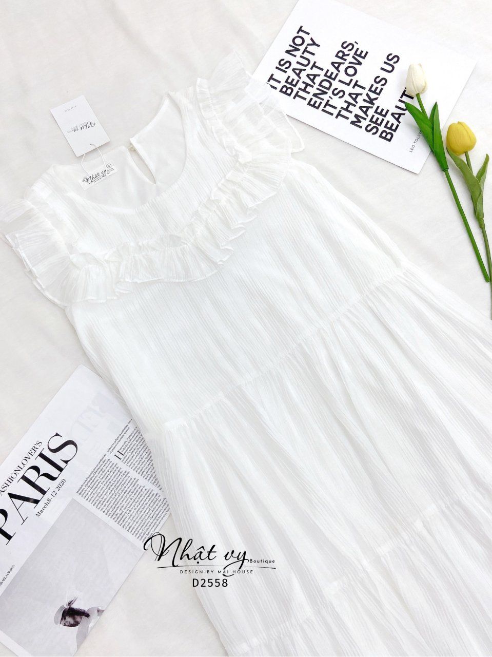 Đầm cổ tròn phối bèo vai dáng suông tầng - D2558
