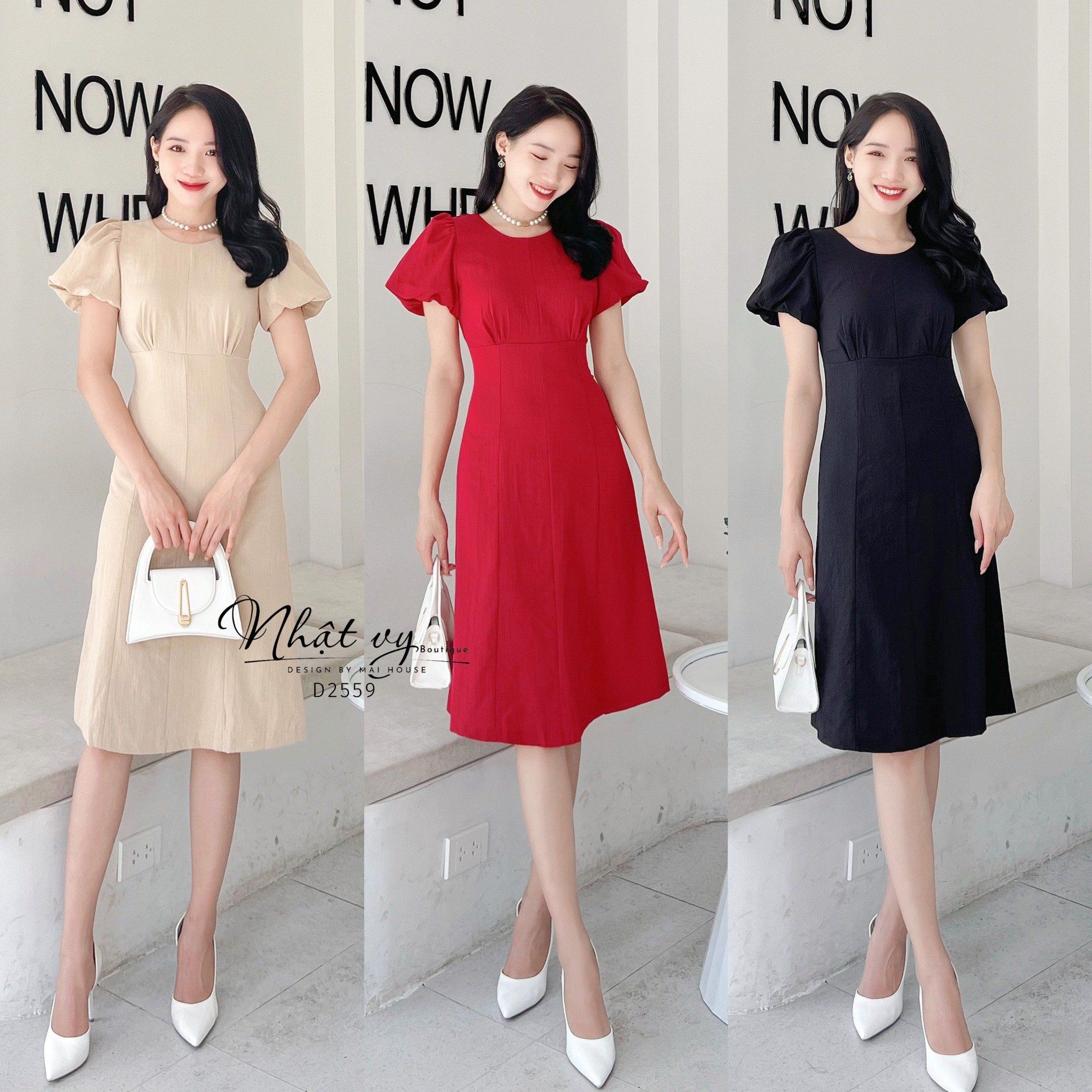 Đầm nhún ngực cổ tròn tay bí dáng ôm - D2559