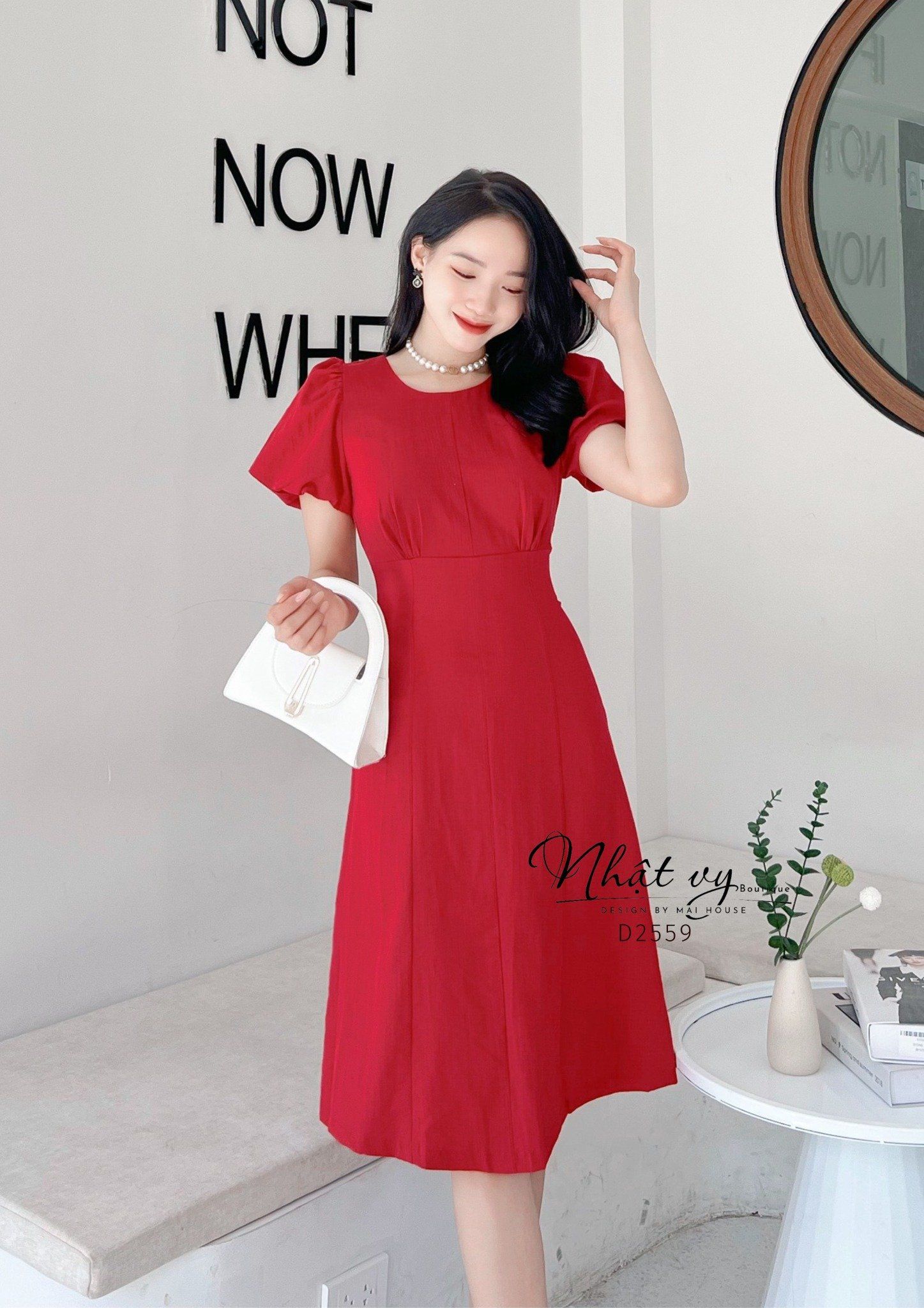 Đầm nhún ngực cổ tròn tay bí dáng ôm - D2559