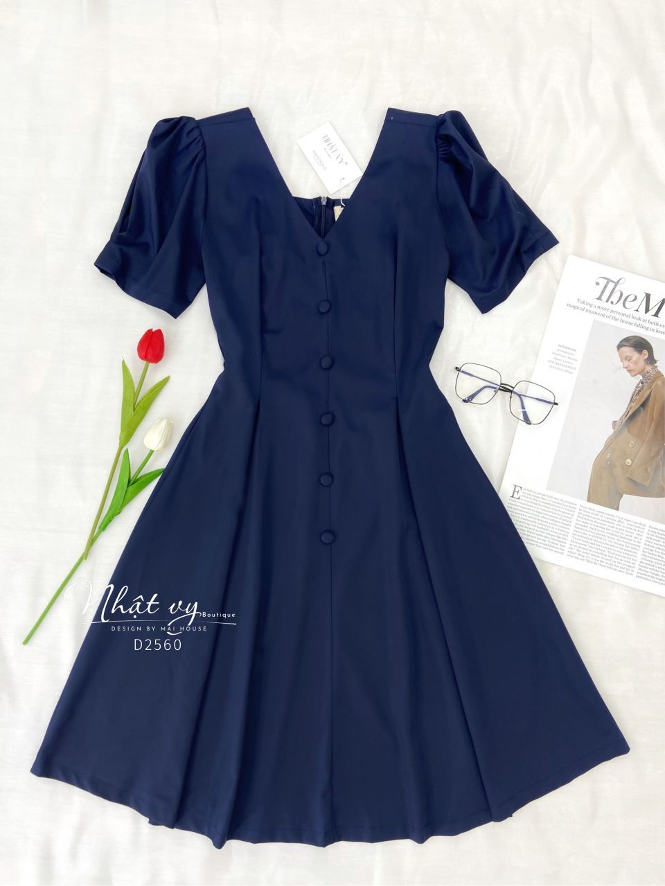 Đầm cổ V chiết eo dáng xoè tay kiểu - D2560