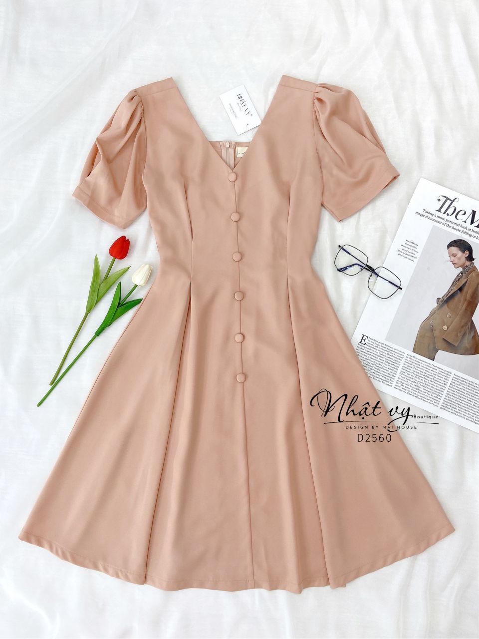 Đầm cổ V chiết eo dáng xoè tay kiểu - D2560
