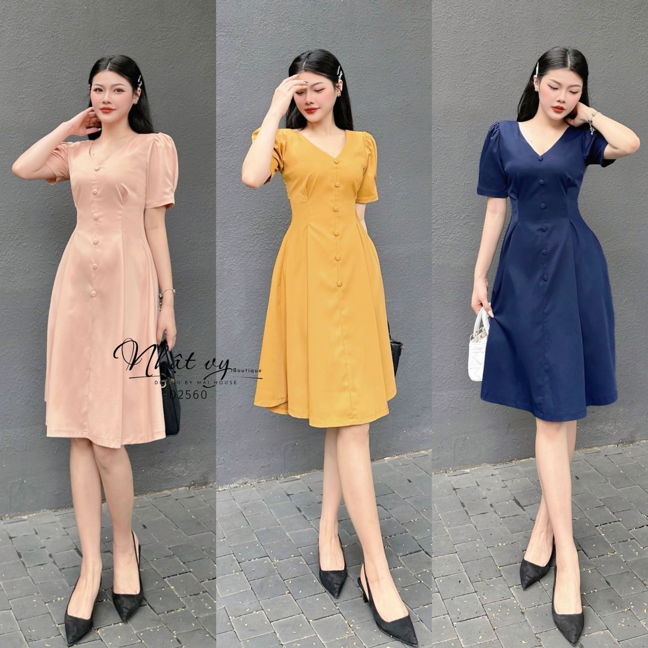 Đầm cổ V chiết eo dáng xoè tay kiểu - D2560