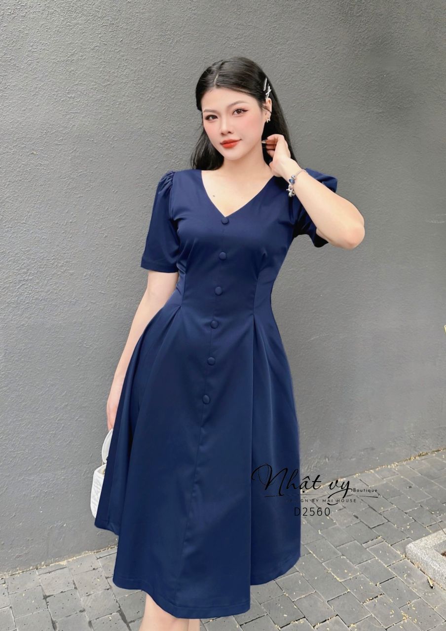 Đầm cổ V chiết eo dáng xoè tay kiểu - D2560